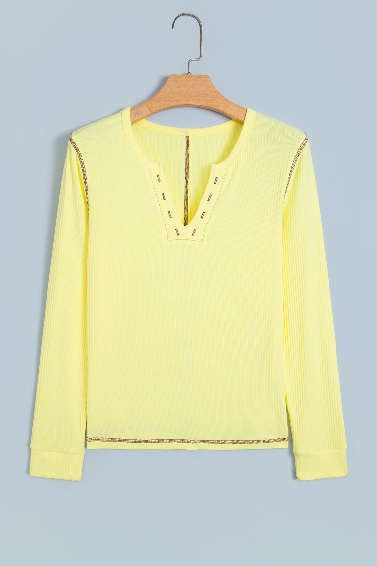Banana Cream V Neck Ribbed Stitched Detail Long Sleeve Top-Tops/Long Sleeve Tops-[Adult]-[Female]-2022 Online Blue Zone Planet