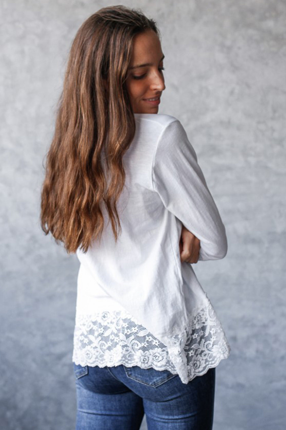 White Lace Trim V Neck Cuffed Long Sleeve Loose Top-Tops/Long Sleeve Tops-[Adult]-[Female]-2022 Online Blue Zone Planet