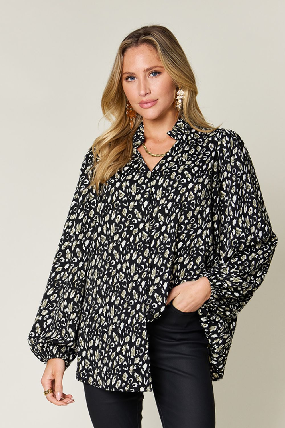 Blue Zone Planet | Double Take Full Size Leopard Long Sleeve Blouse-TOPS / DRESSES-[Adult]-[Female]-Black-S-2022 Online Blue Zone Planet