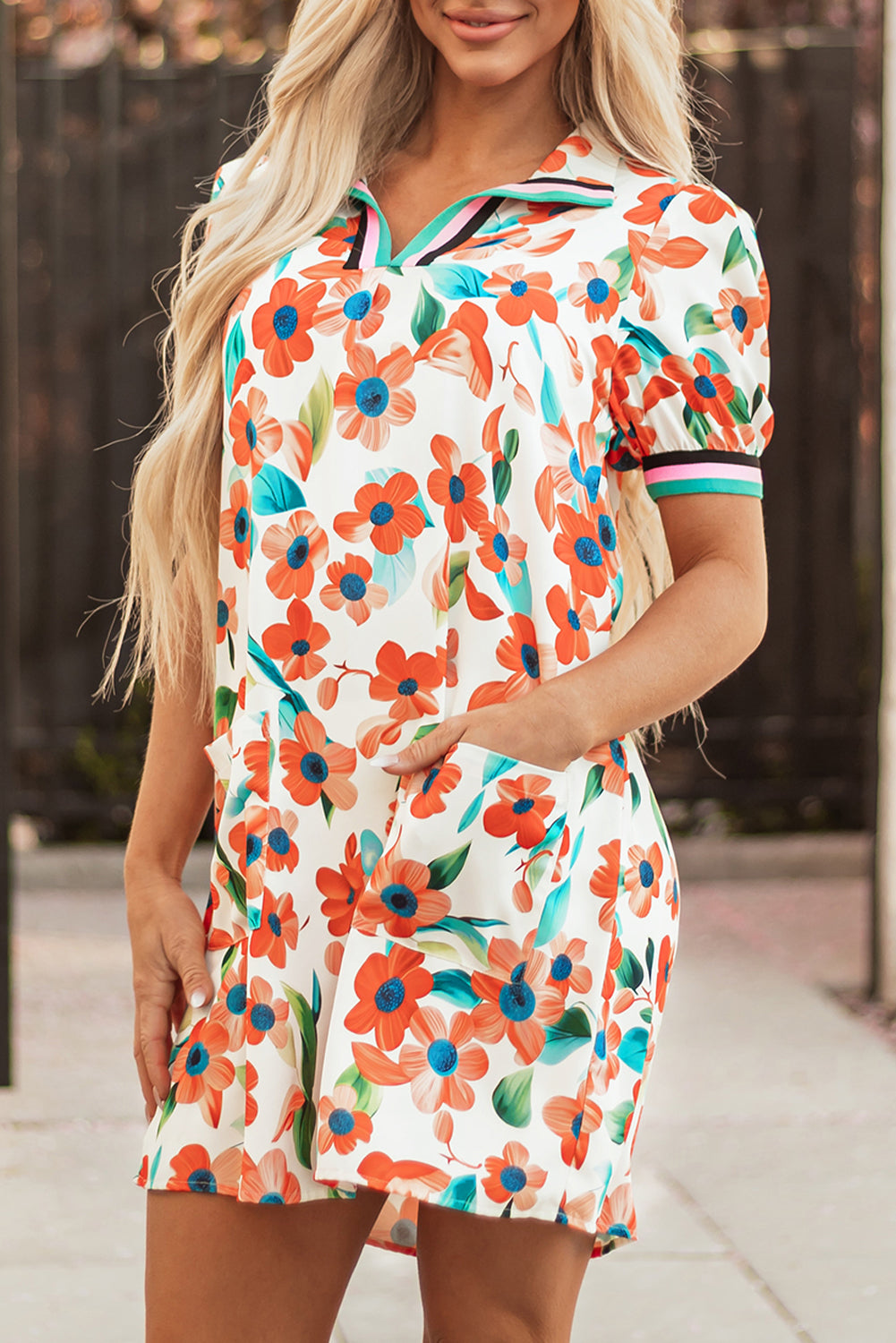Orange Contrast Trim Floral Split Neck Puff Short Sleeve Tiered Mini Dress-TOPS / DRESSES-[Adult]-[Female]-2022 Online Blue Zone Planet