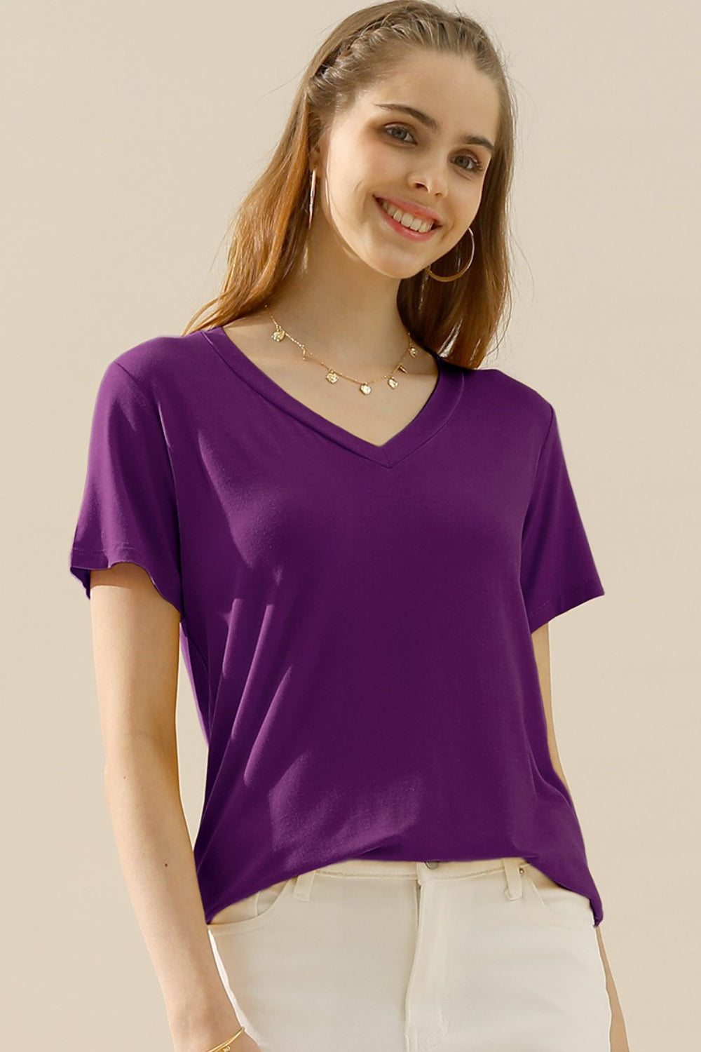 Blue Zone Planet | Ninexis Full Size V-Neck Short Sleeve T-Shirt-TOPS / DRESSES-[Adult]-[Female]-PLUM-S-2022 Online Blue Zone Planet