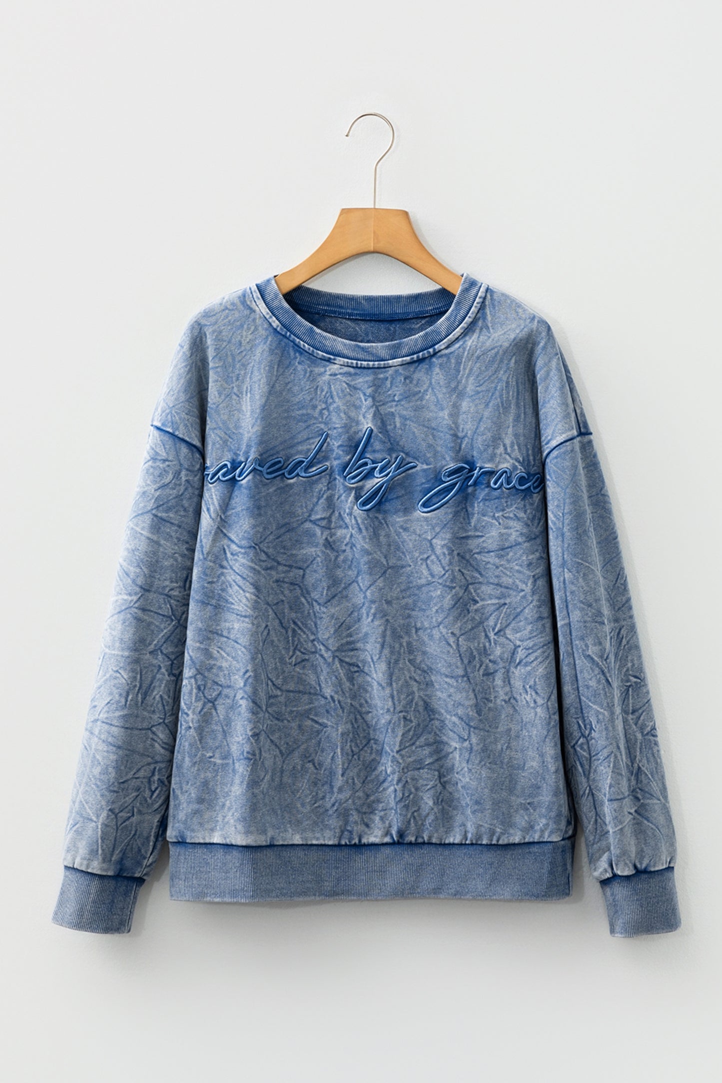 Real Teal Saved By Grace Letter Embroidery Mineral Wash Loose Sweatshirt-Tops/Sweatshirts & Hoodies-[Adult]-[Female]-2022 Online Blue Zone Planet