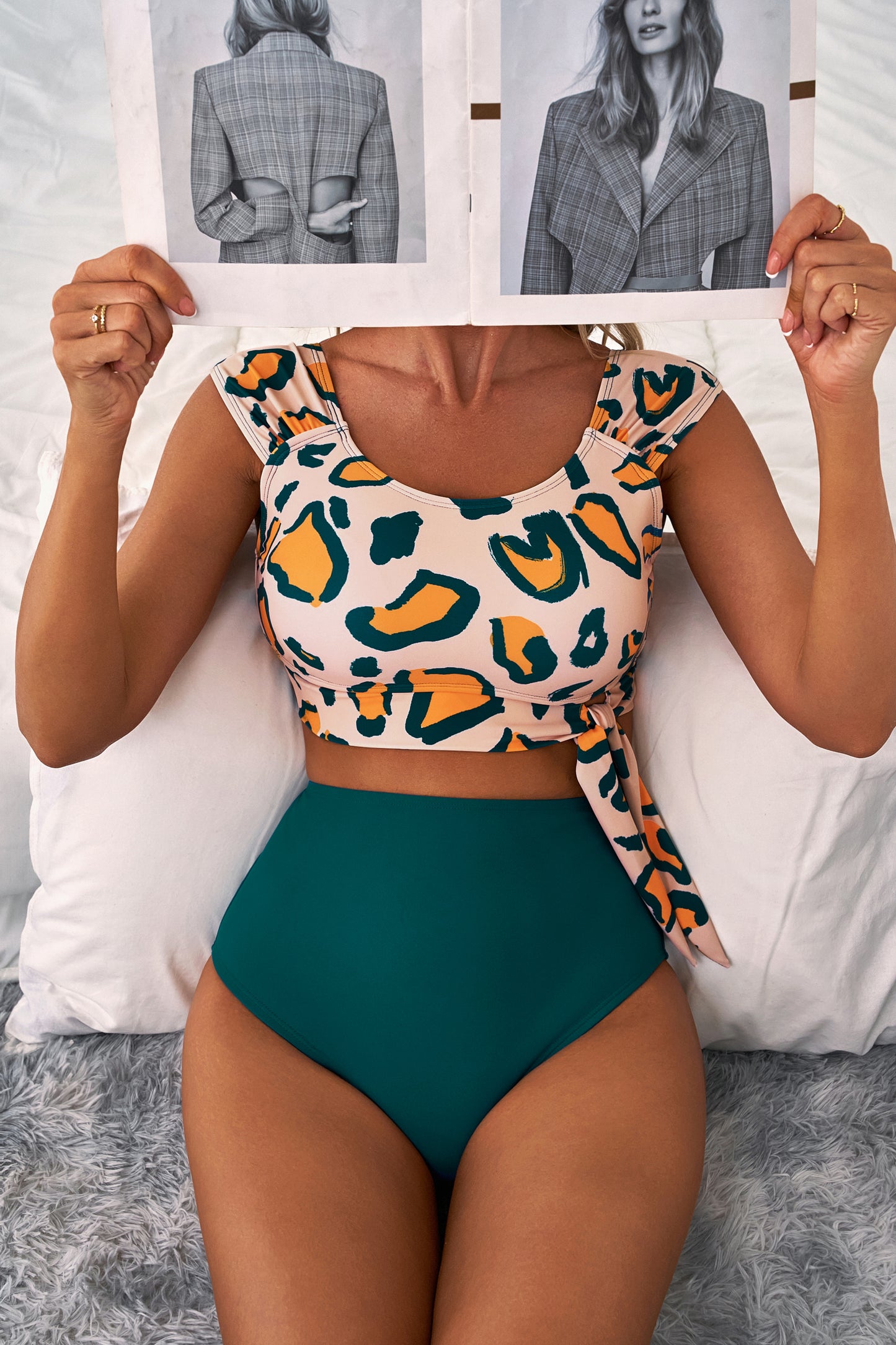 Green Leopard Print U Neck Knotted High Waist Bikini Set-Swimwear/High Waisted Swimsuit-[Adult]-[Female]-2022 Online Blue Zone Planet