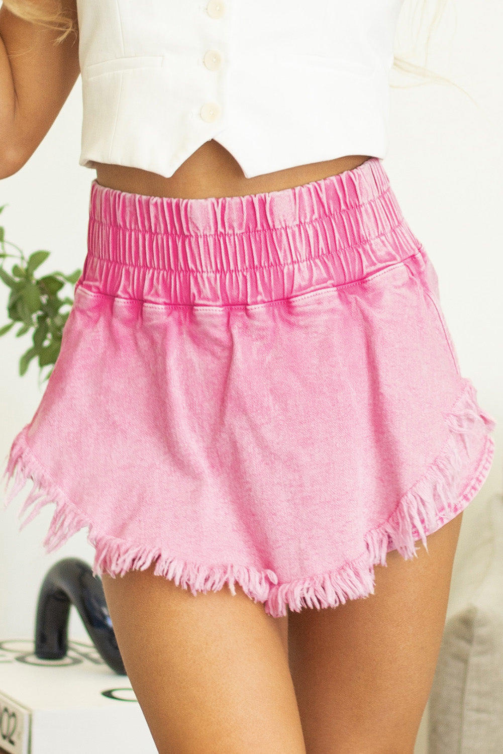 Pink Washed Wide Smocked Waistband Frayed Denim Shorts-Bottoms/Denim Shorts-[Adult]-[Female]-2022 Online Blue Zone Planet