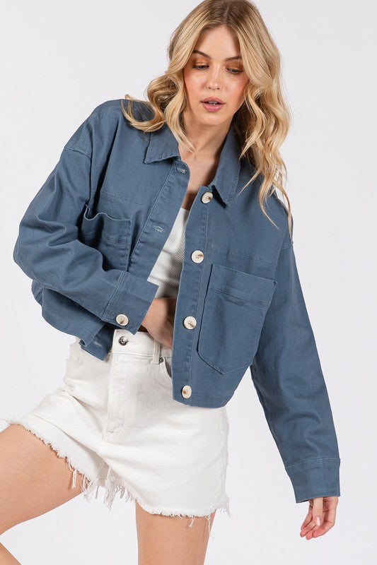 Blue Zone Planet | bytos Button Down Cropped Denim Jacket with Patch Pockets-TOPS / DRESSES-[Adult]-[Female]-2022 Online Blue Zone Planet