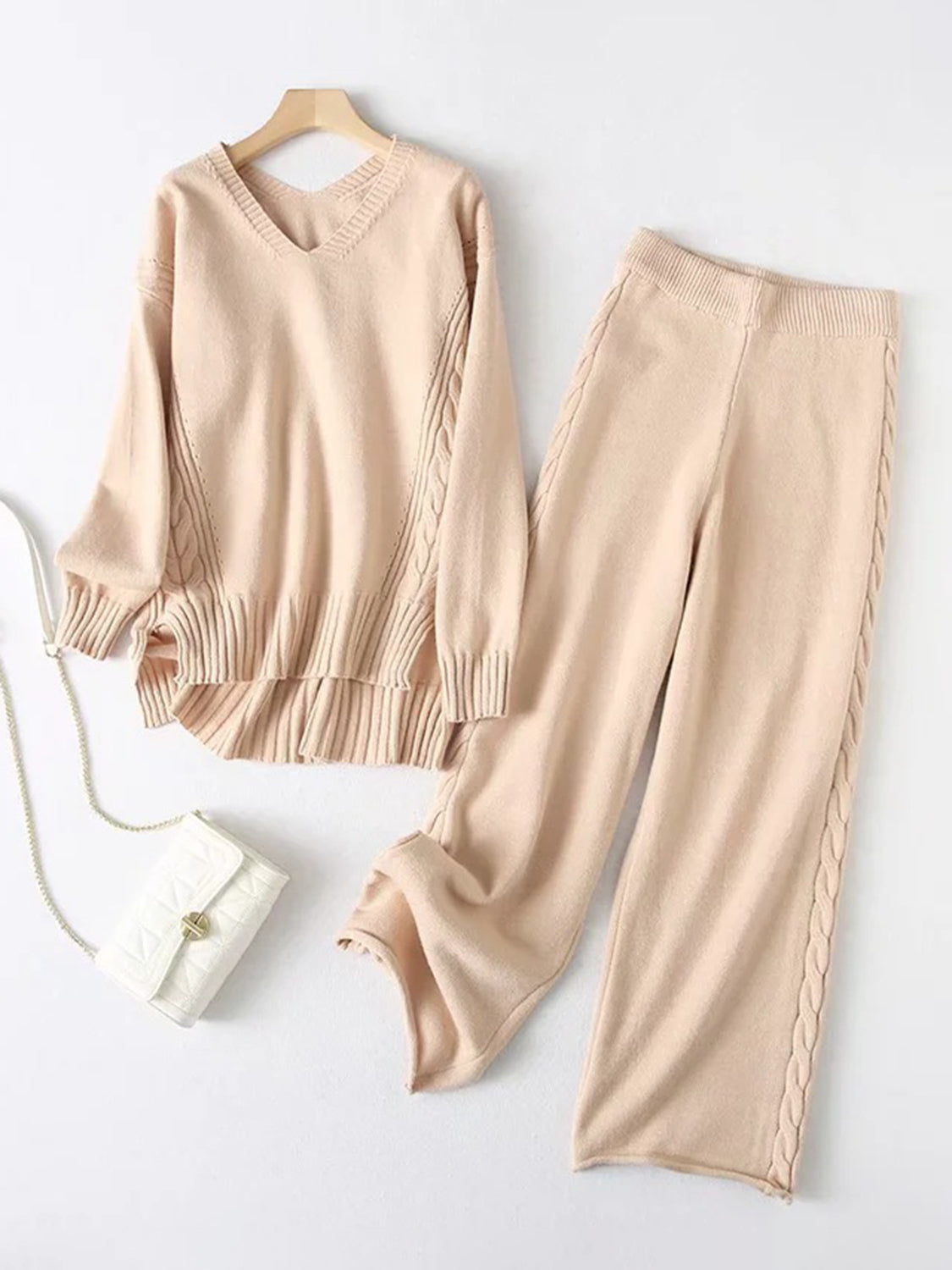 Slit V-Neck Long Sleeve Top and Pants Sweater Set-TOPS / DRESSES-[Adult]-[Female]-Tan-One Size-2022 Online Blue Zone Planet