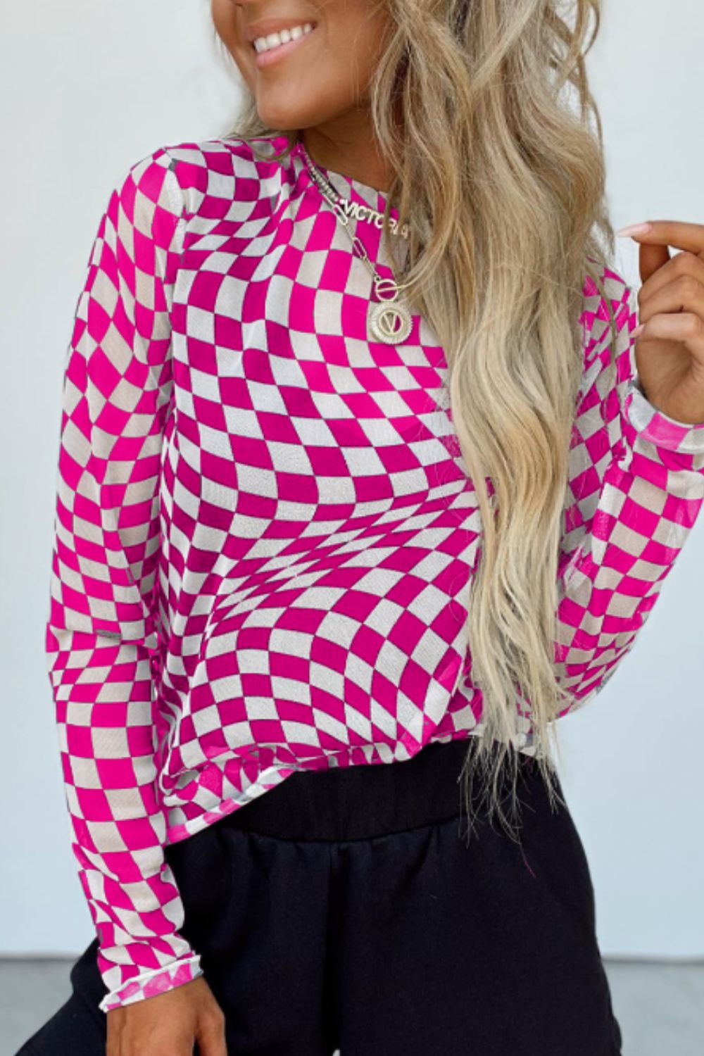 Checkered Mock Neck Long Sleeve Blouse-TOPS / DRESSES-[Adult]-[Female]-2022 Online Blue Zone Planet