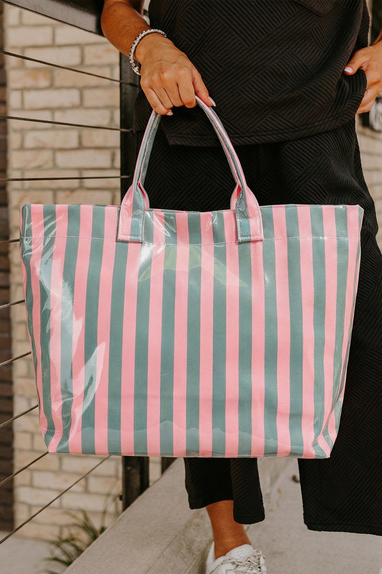 Blackish Green Glossy Striped Vinyl Large Tote Bag-Shoes & Bags/Handbags-[Adult]-[Female]-Blackish Green-ONE SIZE-2022 Online Blue Zone Planet