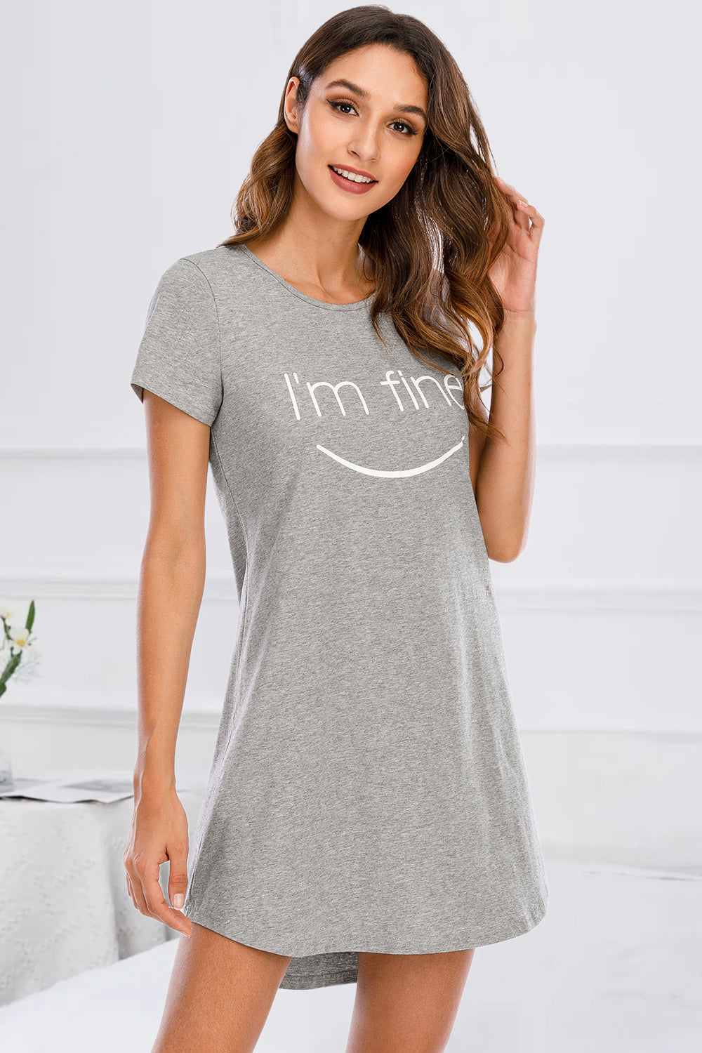 Graphic Round Neck Short Sleeve Lounge Dress-TOPS / DRESSES-[Adult]-[Female]-Gray-S-2022 Online Blue Zone Planet