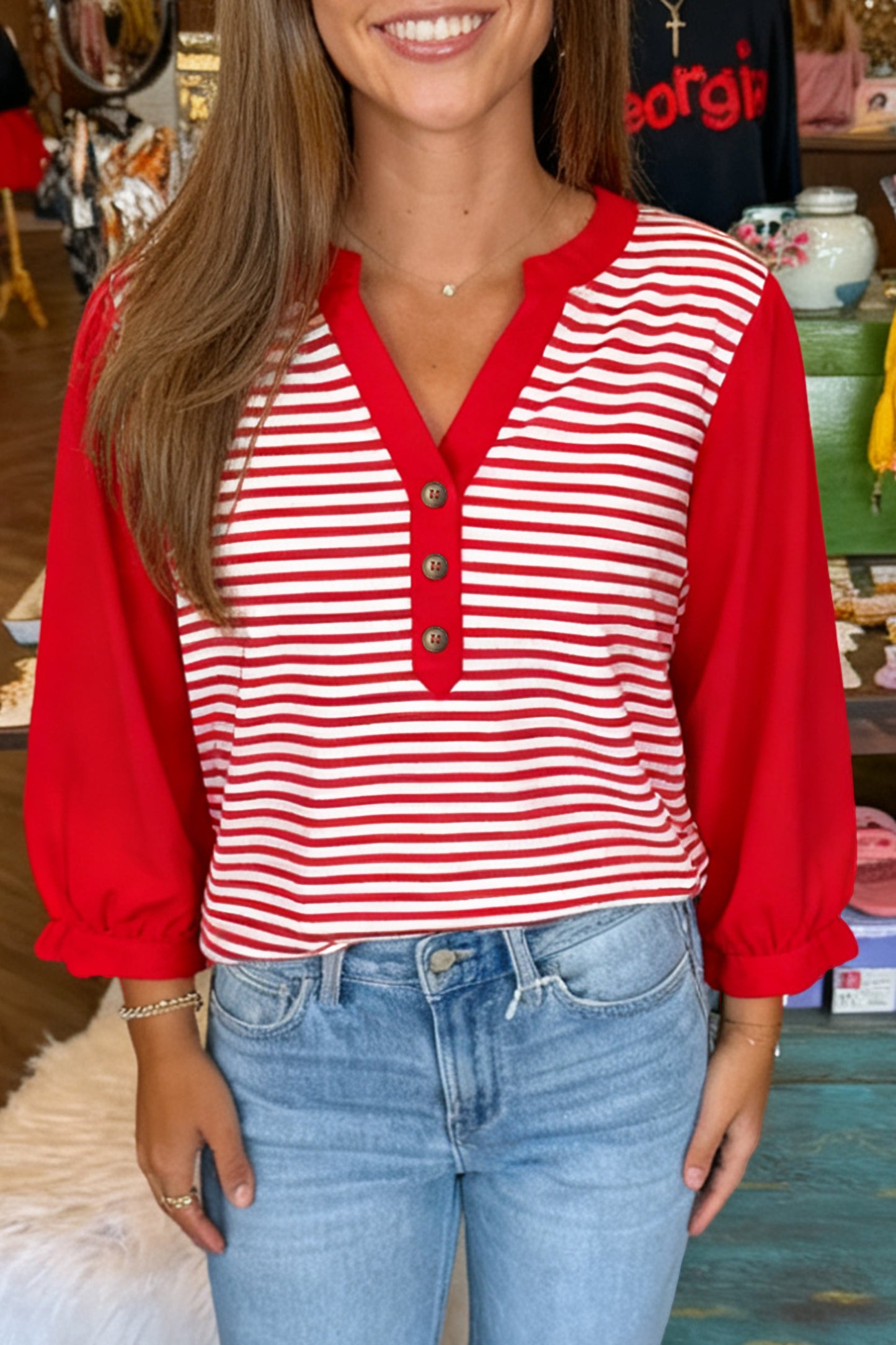 Red Stripe Half Placket V Neck Contrast 3/4 Sleeve Patchwork Top-Tops/Long Sleeve Tops-[Adult]-[Female]-Red Stripe-S-2022 Online Blue Zone Planet