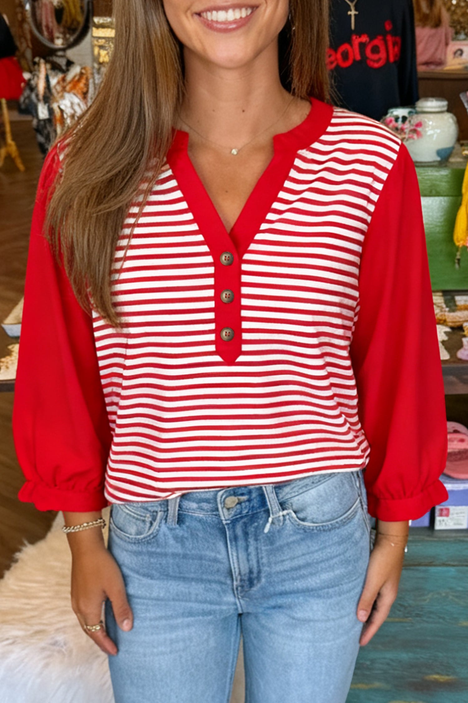 Red Stripe Half Placket V Neck Contrast 3/4 Sleeve Patchwork Top-Tops/Long Sleeve Tops-[Adult]-[Female]-Red Stripe-S-2022 Online Blue Zone Planet