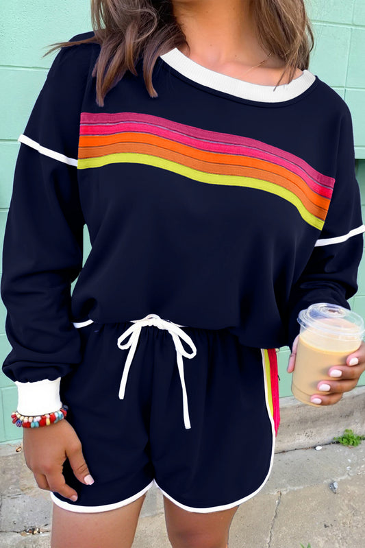 Bluing Colorful Striped Accent Varsity Long Sleeve Pullover and Shorts Matching Set-Two Piece Sets/Short Sets-[Adult]-[Female]-Bluing-S-2022 Online Blue Zone Planet