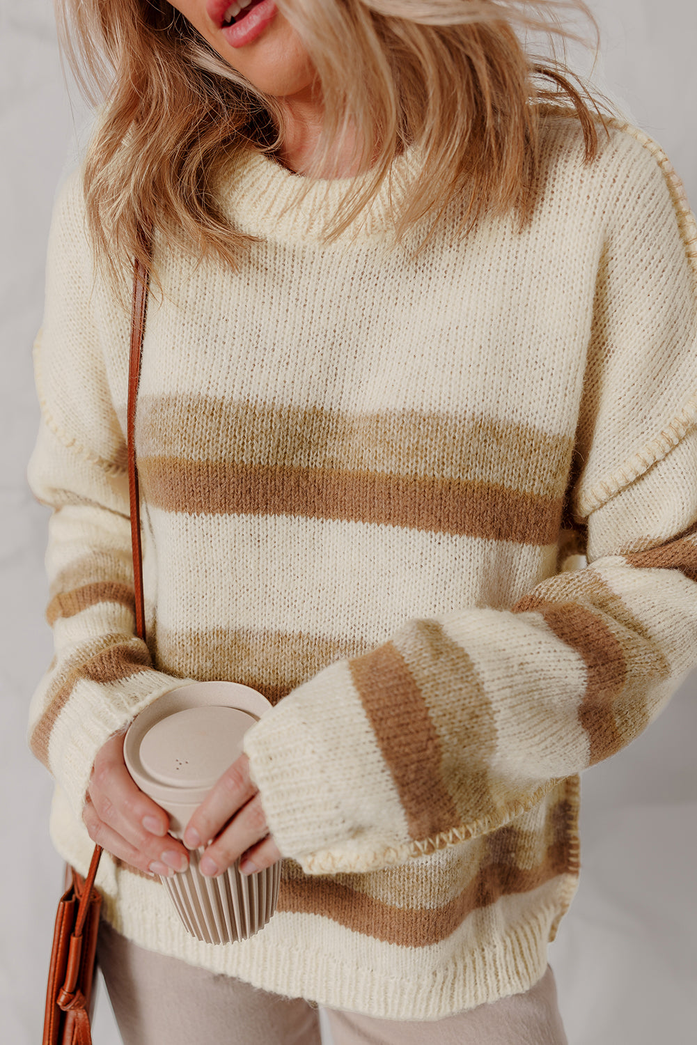 Khaki Stripe Exposed Seam Drop Shoulder Knit Baggy Sweater-TOPS / DRESSES-[Adult]-[Female]-2022 Online Blue Zone Planet