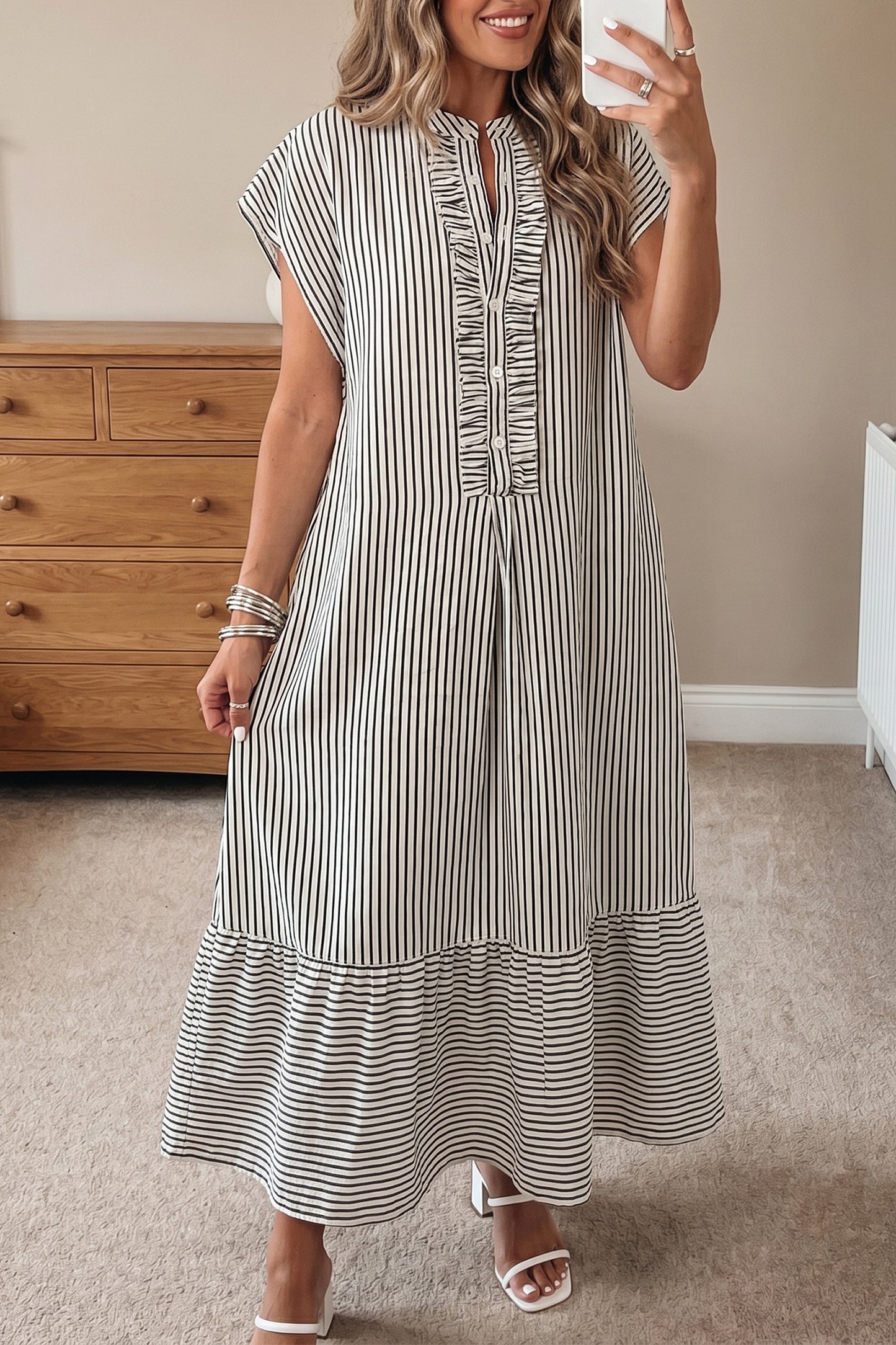 Red Stripe Frilled Detail Half Buttons Short Sleeve Long Dress-TOPS / DRESSES-[Adult]-[Female]-2022 Online Blue Zone Planet