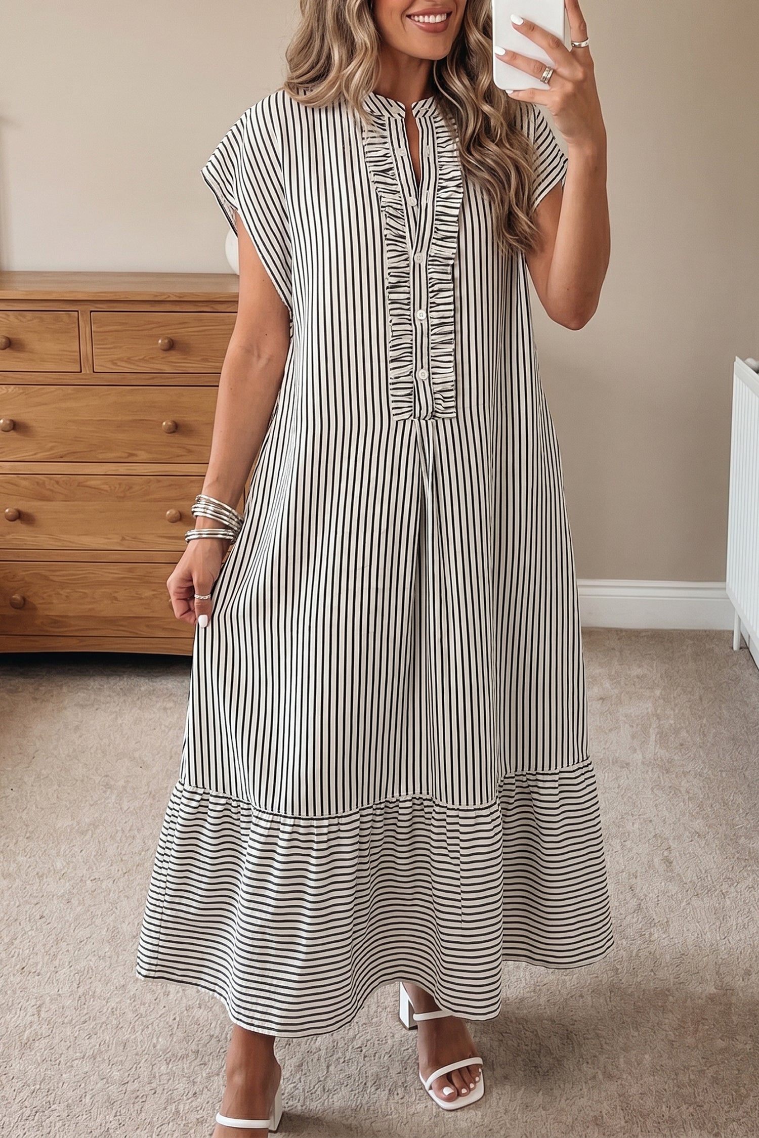 Red Stripe Frilled Detail Half Buttons Short Sleeve Long Dress-TOPS / DRESSES-[Adult]-[Female]-2022 Online Blue Zone Planet