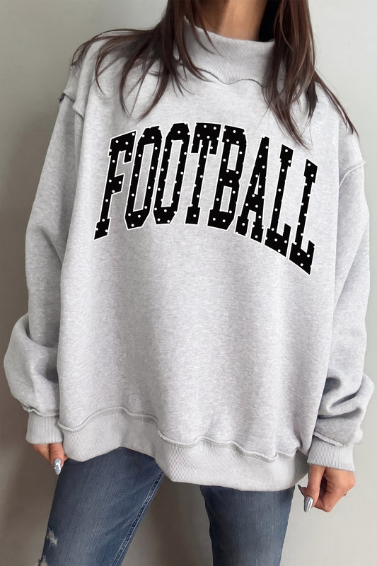 Light Grey Polka Dot Football Letter Print Mock Neck Long Sleeve Pullover Sweatshirt-Graphic/Graphic Sweatshirts-[Adult]-[Female]-Light Grey-S-2022 Online Blue Zone Planet