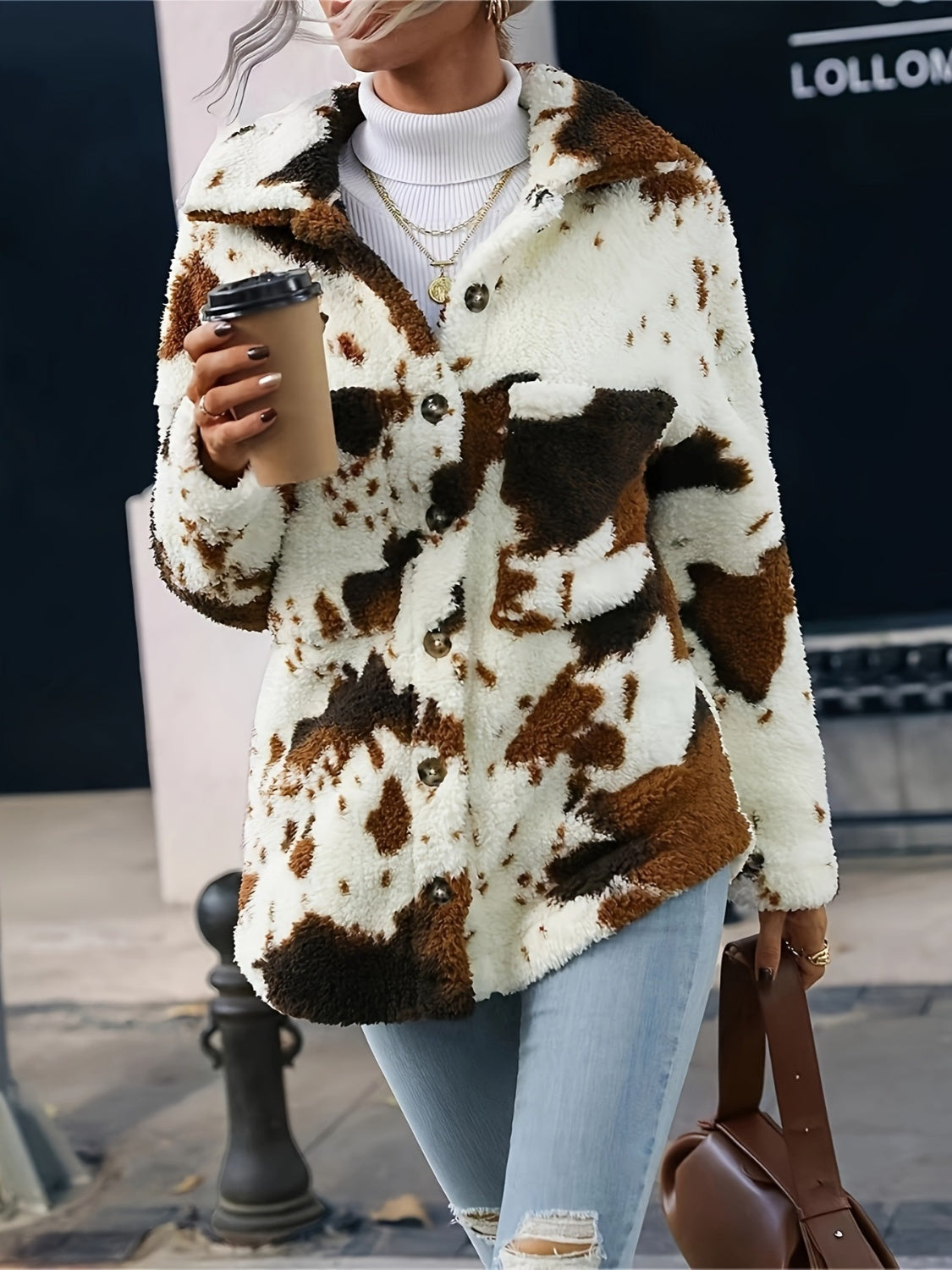 Cow Print Collared Neck Button Up Fuzzy Jacket-TOPS / DRESSES-[Adult]-[Female]-2022 Online Blue Zone Planet