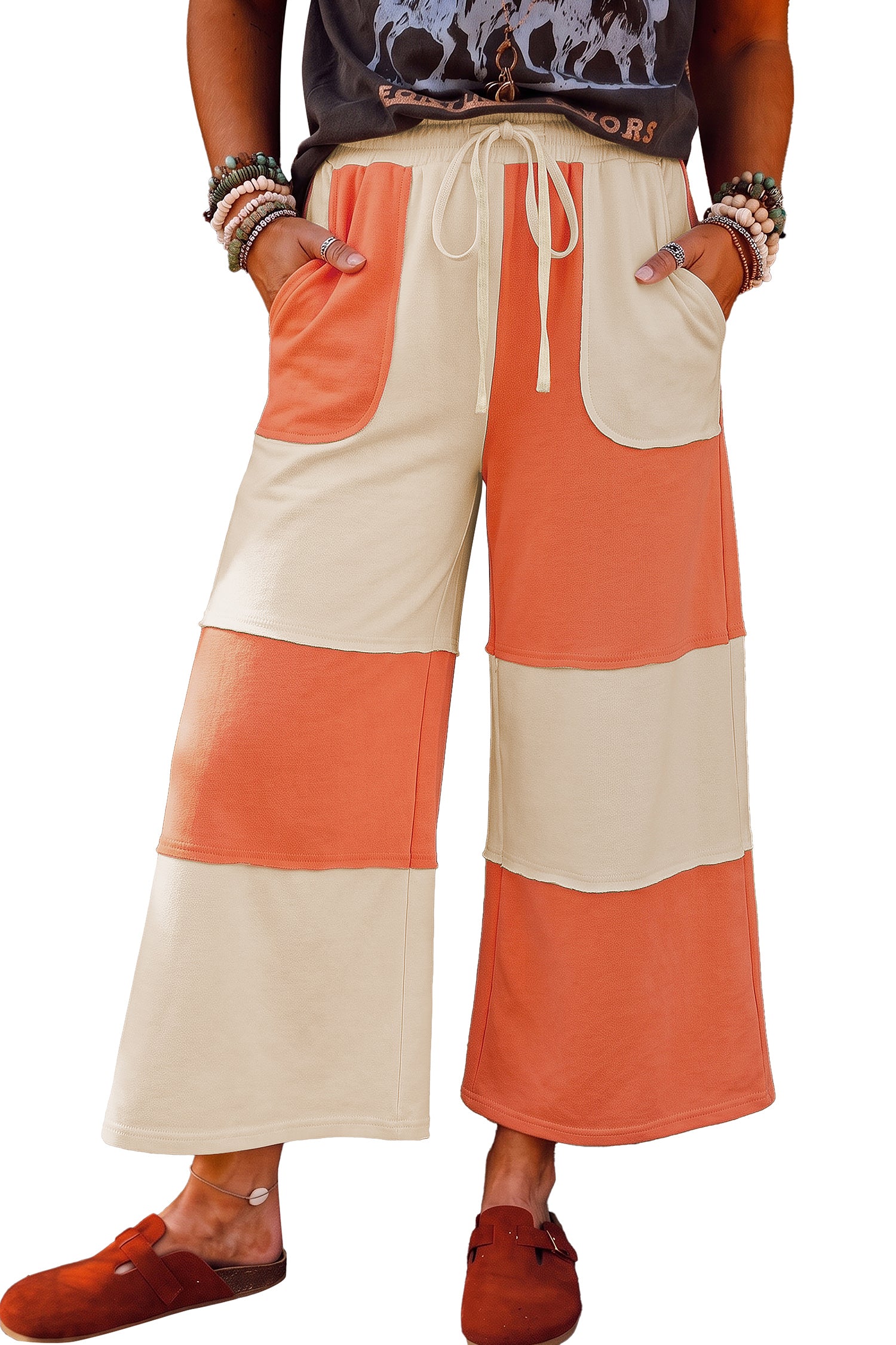 Russet Orange Raw Seam Colorblock Wide Leg Ankle Length Casual Pants-Bottoms/Pants & Culotte-[Adult]-[Female]-2022 Online Blue Zone Planet