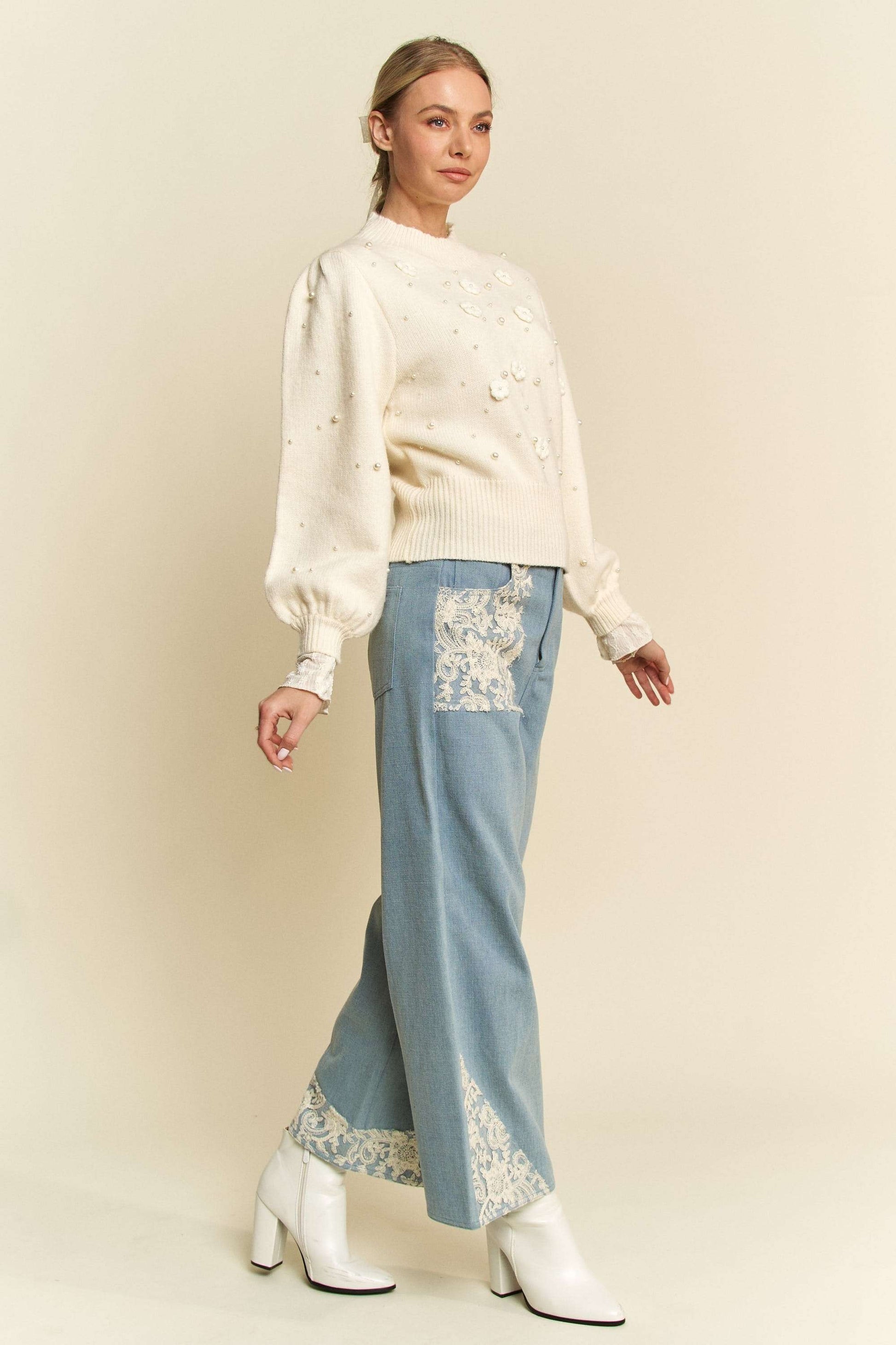 Davi & Dani Lace Applique Wide Leg Jeans-BOTTOMS-[Adult]-[Female]-2022 Online Blue Zone Planet