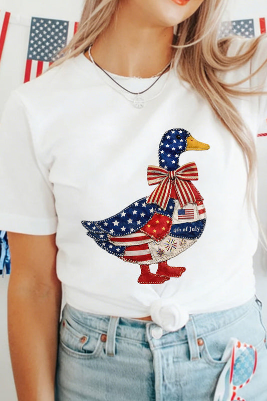 White Patriotic Patchwork Print Duck Graphic Tee-Graphic/Graphic Tees-[Adult]-[Female]-White-S-2022 Online Blue Zone Planet