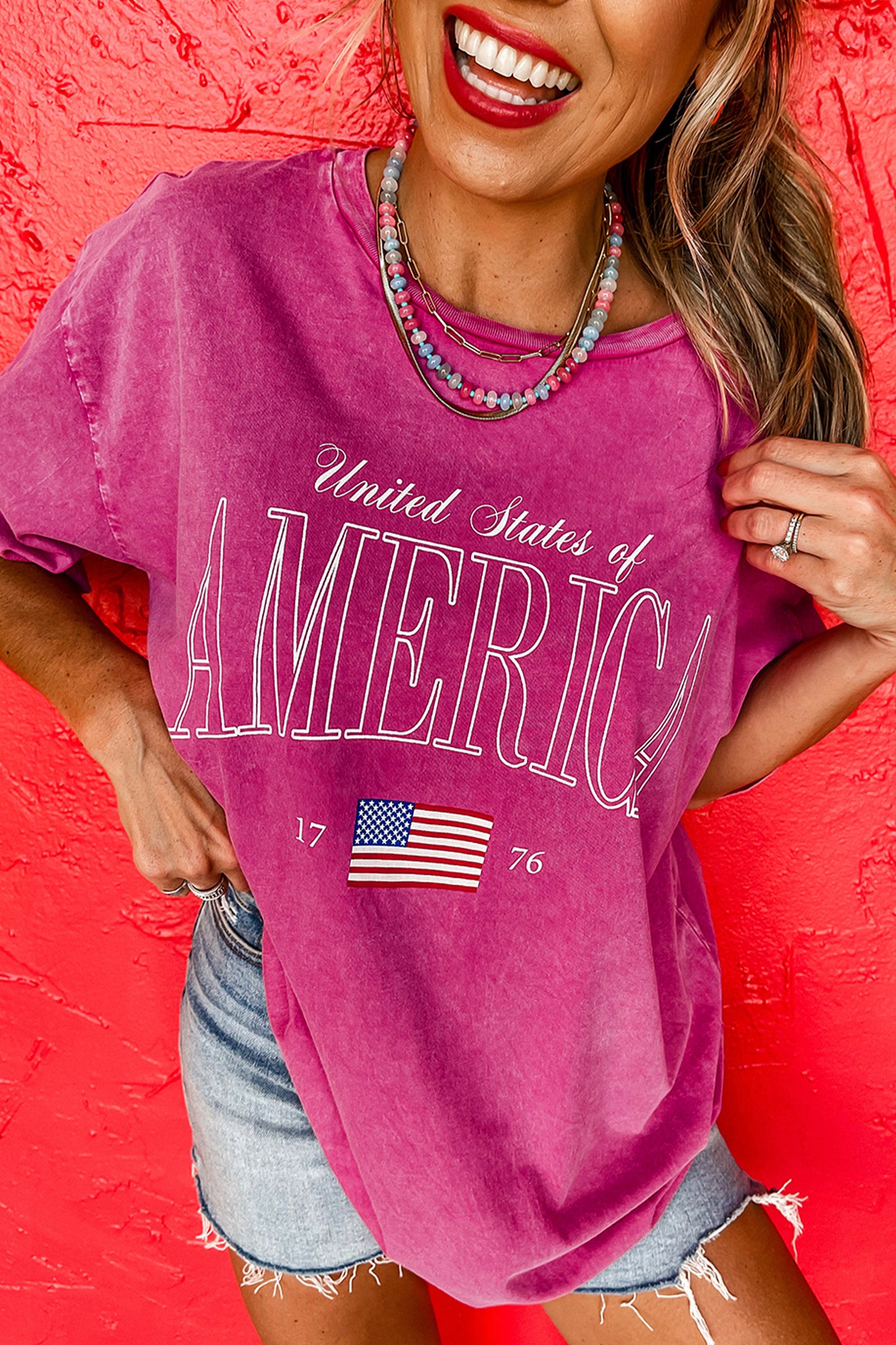 Rose Red AMERICA 1776 Graphic Mineral Wash Cotton Tee-Tops/Tops & Tees-[Adult]-[Female]-Rose Red-S-2022 Online Blue Zone Planet