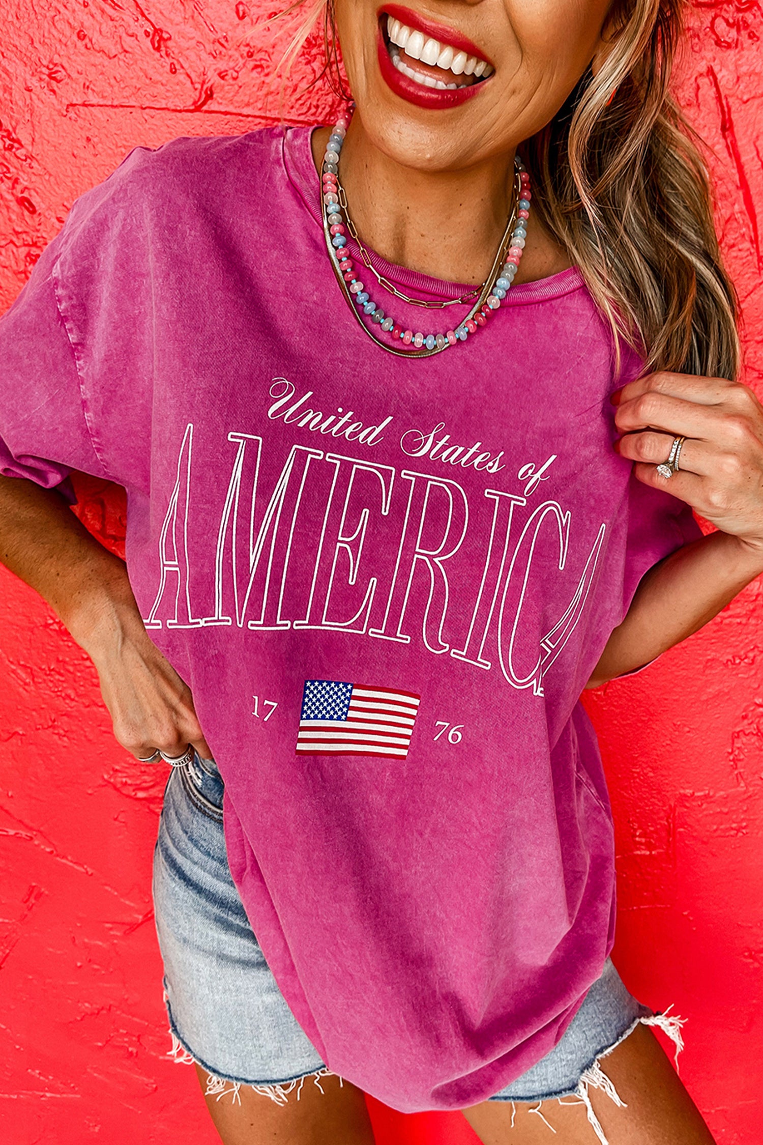 Rose Red AMERICA 1776 Graphic Mineral Wash Cotton Tee-Tops/Tops & Tees-[Adult]-[Female]-Rose Red-S-2022 Online Blue Zone Planet