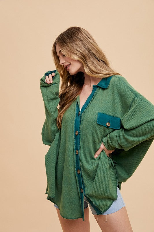 Annie Wear Waffle-Knit Mineral Washed Button Down Shirt-TOPS / DRESSES-[Adult]-[Female]-Dark Green-S-2022 Online Blue Zone Planet