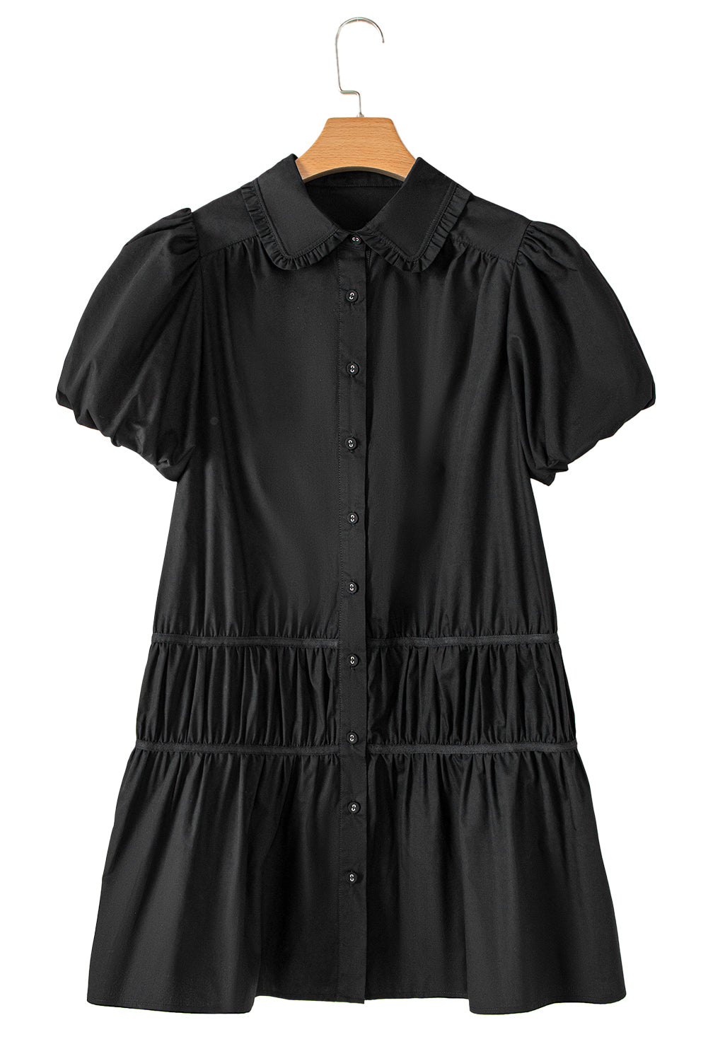 Black Shirt Style Button Down Puff Sleeve Ruffle Hem Dress-Dresses/Mini Dresses-[Adult]-[Female]-2022 Online Blue Zone Planet