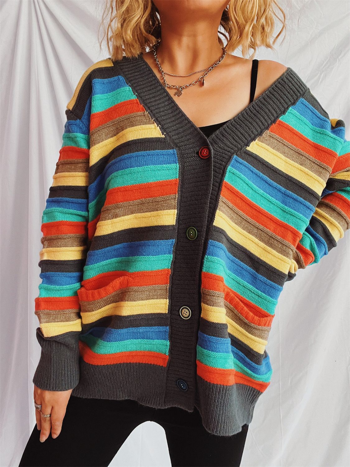 Contrast Stripes Button Up Long Sleeve Cardigan-TOPS / DRESSES-[Adult]-[Female]-2022 Online Blue Zone Planet