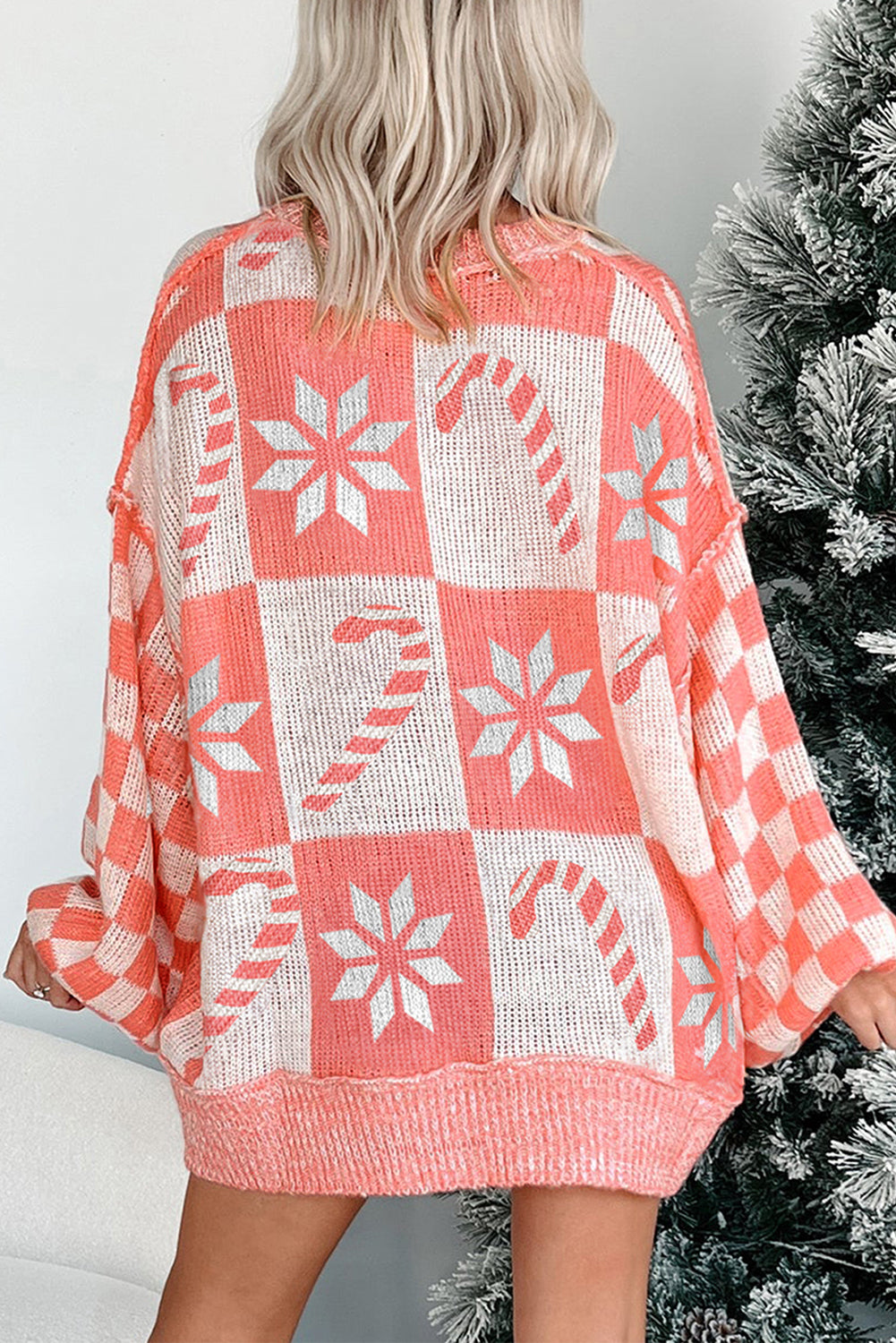 Pink Candycane Snowflake Checker Christmas Holiday Drop Shoulder Tunic Loose Sweater-Sweaters & Cardigans/Sweaters-[Adult]-[Female]-2022 Online Blue Zone Planet