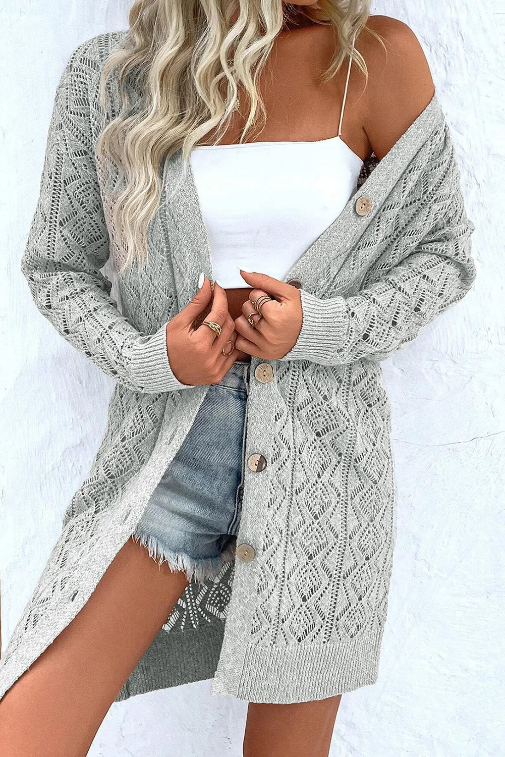 Openwork Button Down Long Sleeve Cardigan-TOPS / DRESSES-[Adult]-[Female]-2022 Online Blue Zone Planet