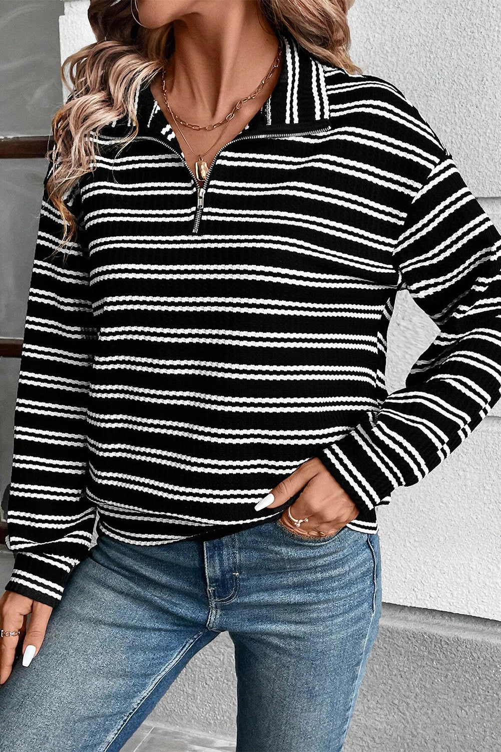 Black Stripe Textured Quarter Zip Collar Long Sleeve Top-Tops/Long Sleeve Tops-[Adult]-[Female]-Black Stripe-S-2022 Online Blue Zone Planet