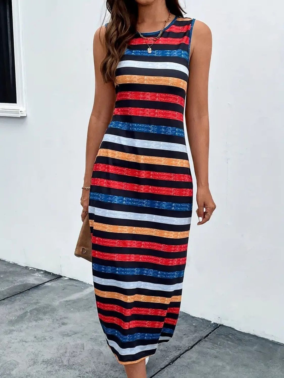 Slit Printed Round Neck Sleeveless Dress-TOPS / DRESSES-[Adult]-[Female]-2022 Online Blue Zone Planet