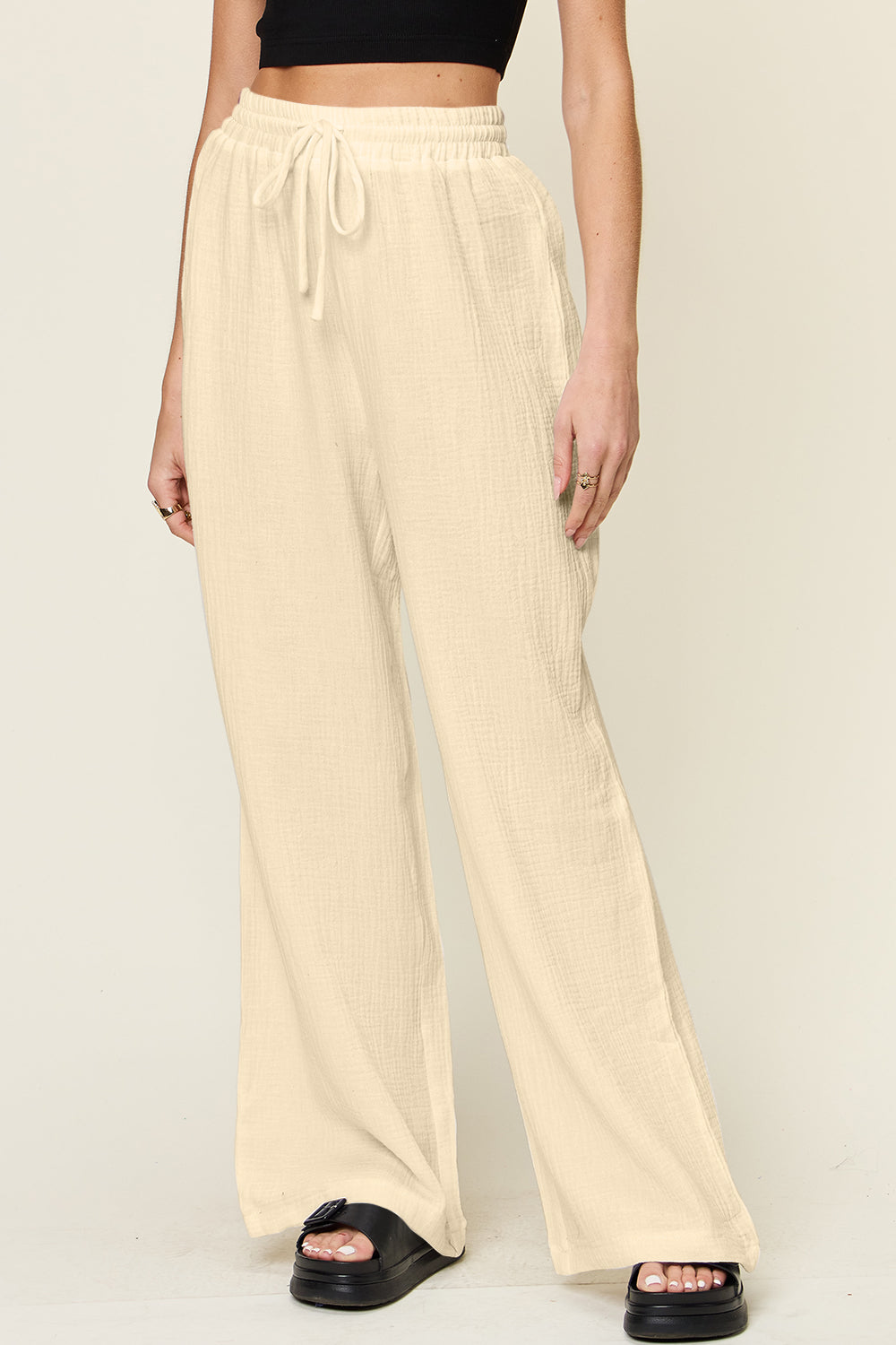 Double Take Full Size Texture Drawstring Wide Leg Pants-BOTTOMS SIZES SMALL MEDIUM LARGE-[Adult]-[Female]-2022 Online Blue Zone Planet