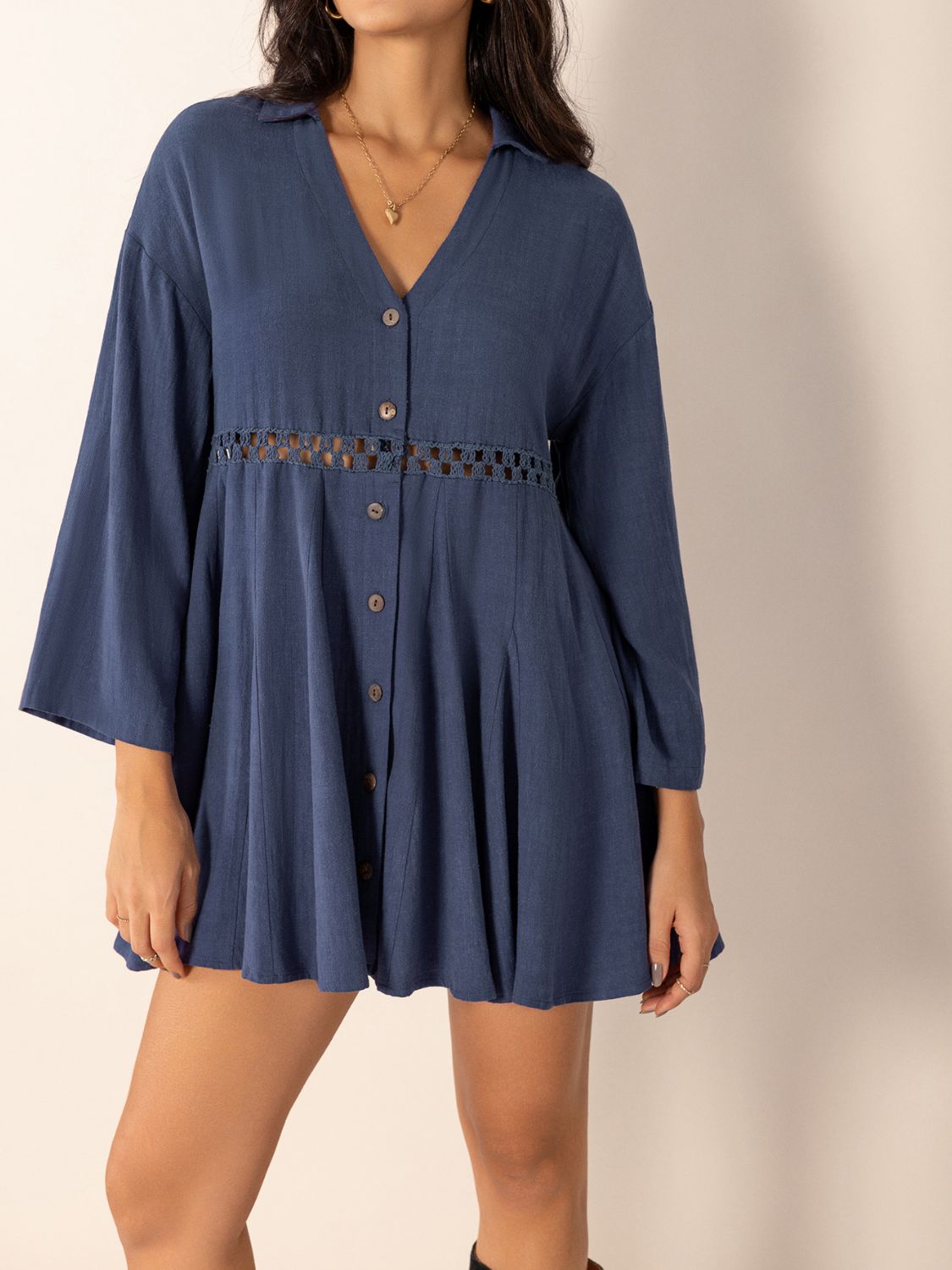 Cutout Johnny Collar Long Sleeve Mini Dress-TOPS / DRESSES-[Adult]-[Female]-2022 Online Blue Zone Planet