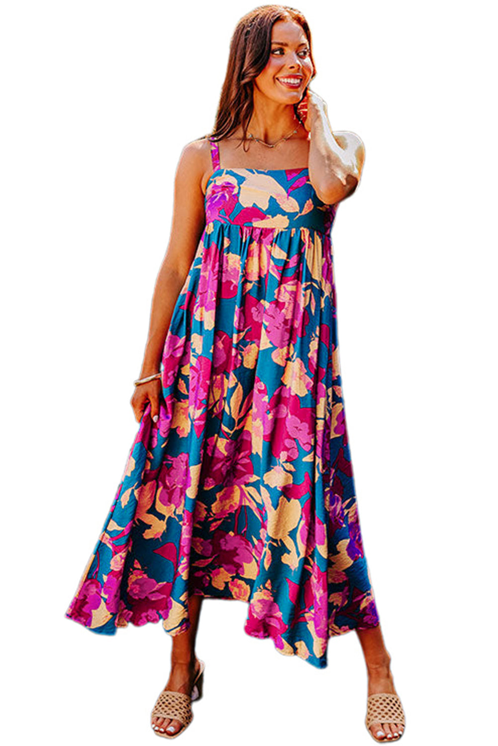 Dark Blue Floral High Waist Sleeveless Flared Long Dress-TOPS / DRESSES-[Adult]-[Female]-2022 Online Blue Zone Planet