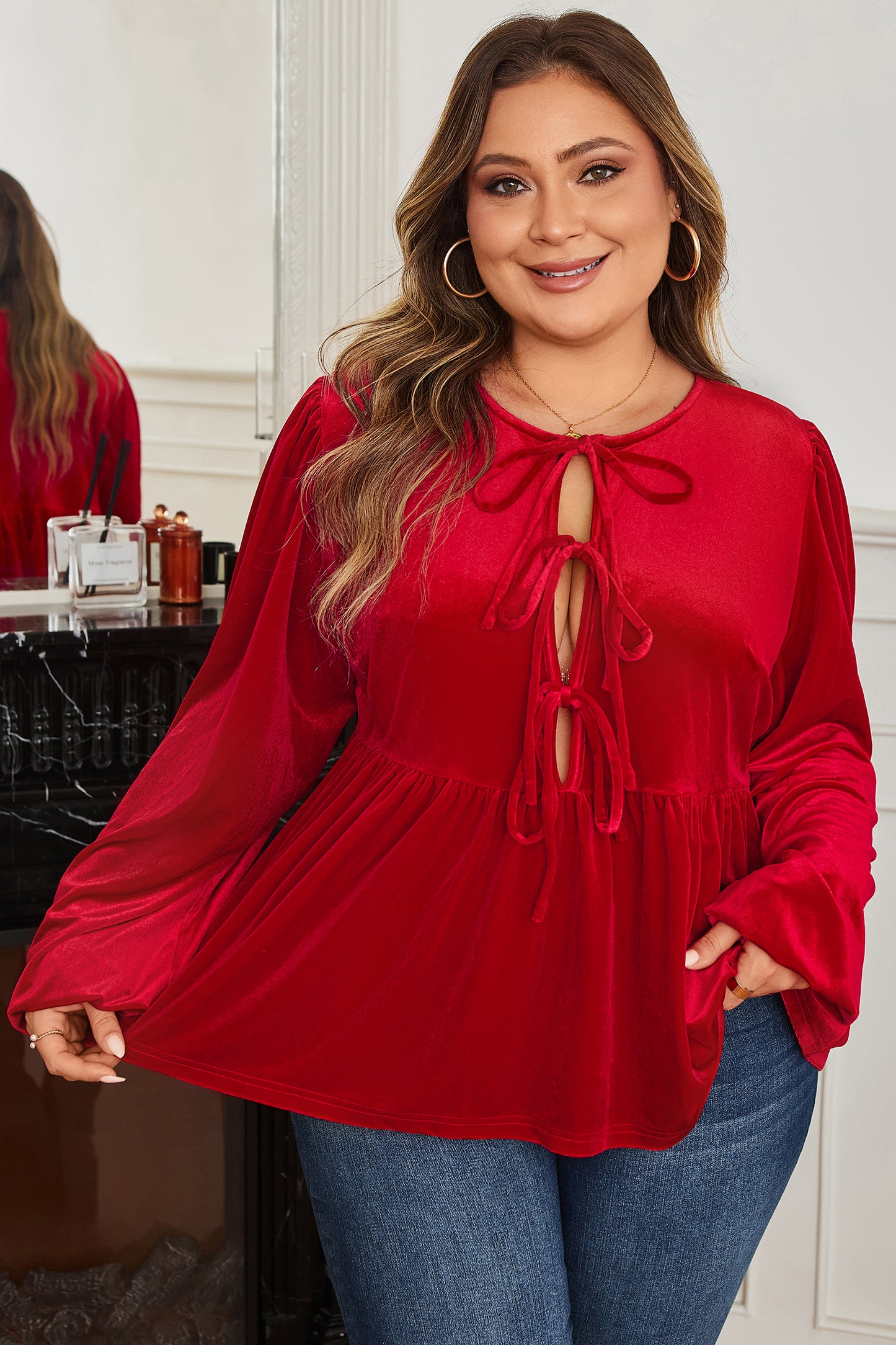 Red Clay Plus Size Tie Front Velvet Peplum Blouse-Plus Size/Plus Size Tops/Plus Size Blouses & Shirts-[Adult]-[Female]-2022 Online Blue Zone Planet