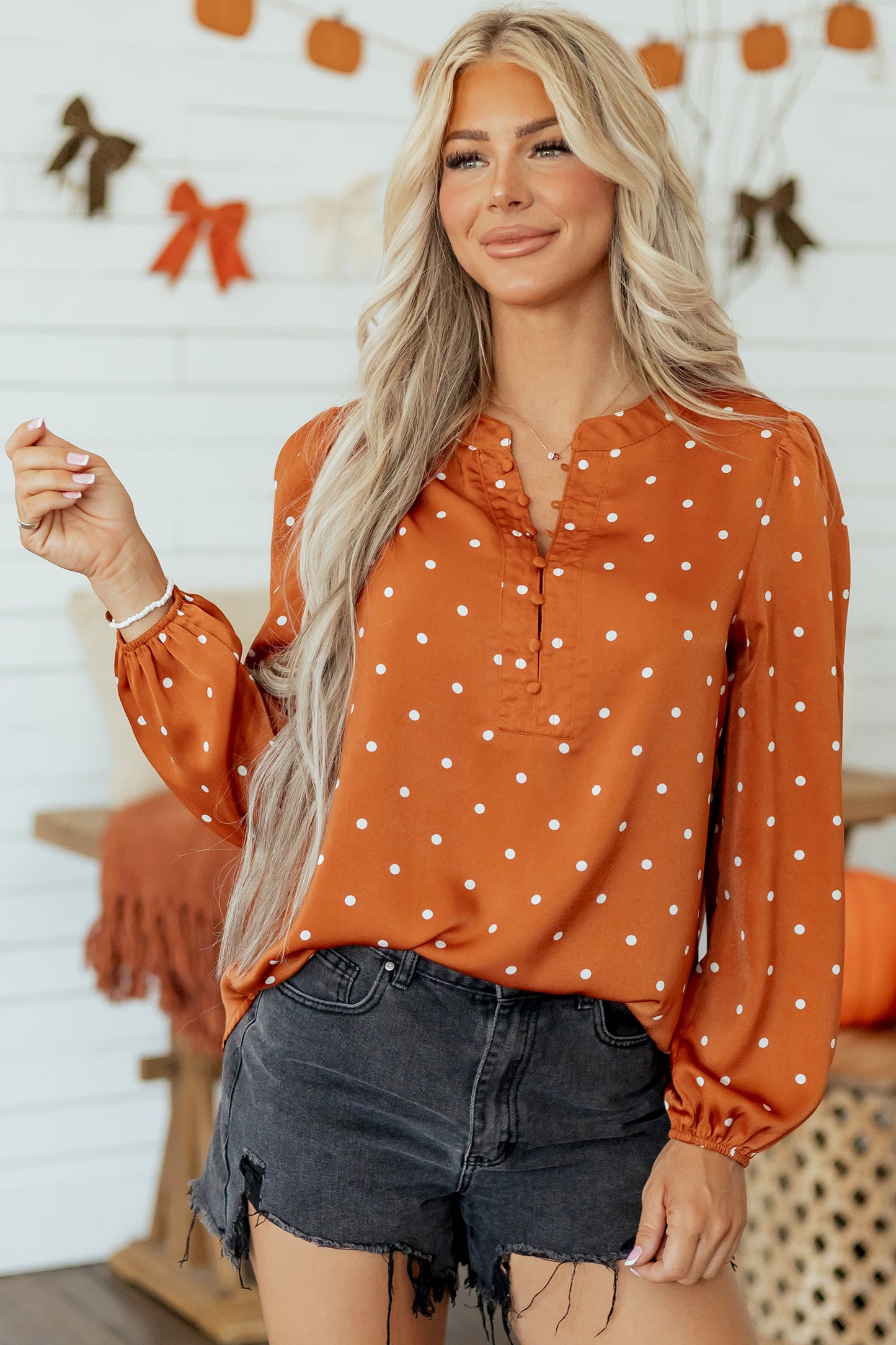 Brown Polka Dot Half Button V Neck Long Sleeve Blouse-Tops/Blouses & Shirts-[Adult]-[Female]-2022 Online Blue Zone Planet