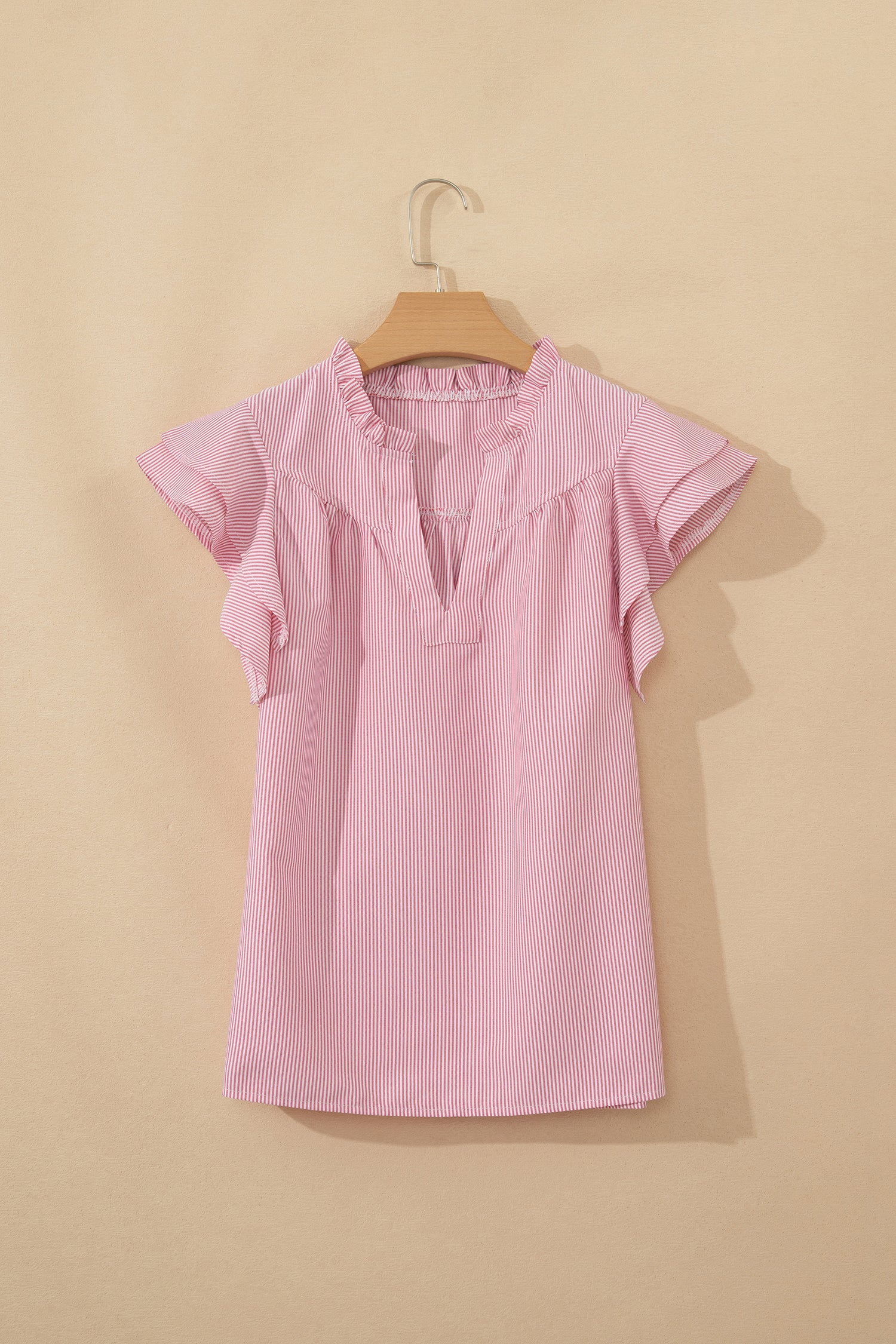 Red Stripe Frilly Split Neck Double Ruffled Short Sleeve Blouse-Tops/Blouses & Shirts-[Adult]-[Female]-2022 Online Blue Zone Planet