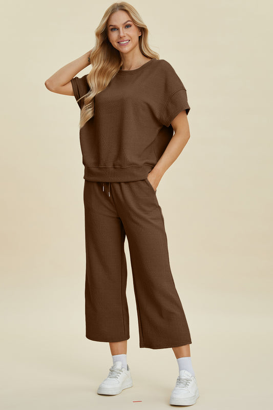 Double Take Full Size Texture Round Neck Top and Pants Set-TOPS / DRESSES-[Adult]-[Female]-Brown-S-2022 Online Blue Zone Planet