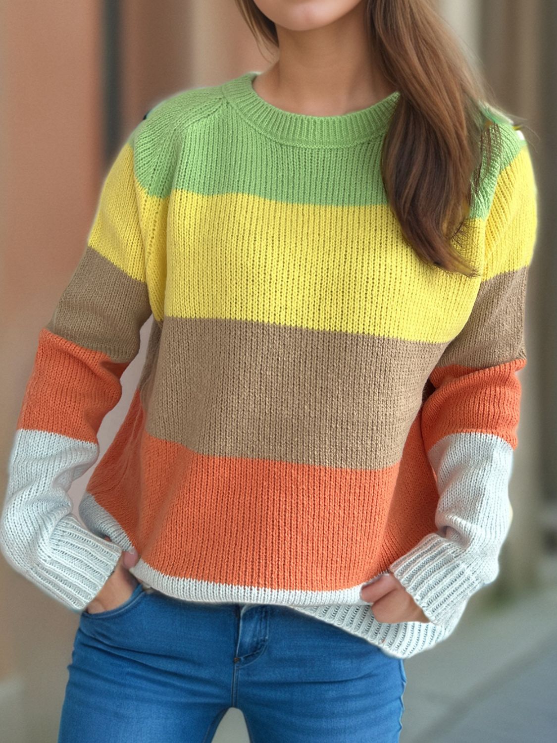 Blue Zone Planet | Color Block Round Neck Long Sleeve Sweater-TOPS / DRESSES-[Adult]-[Female]-2022 Online Blue Zone Planet