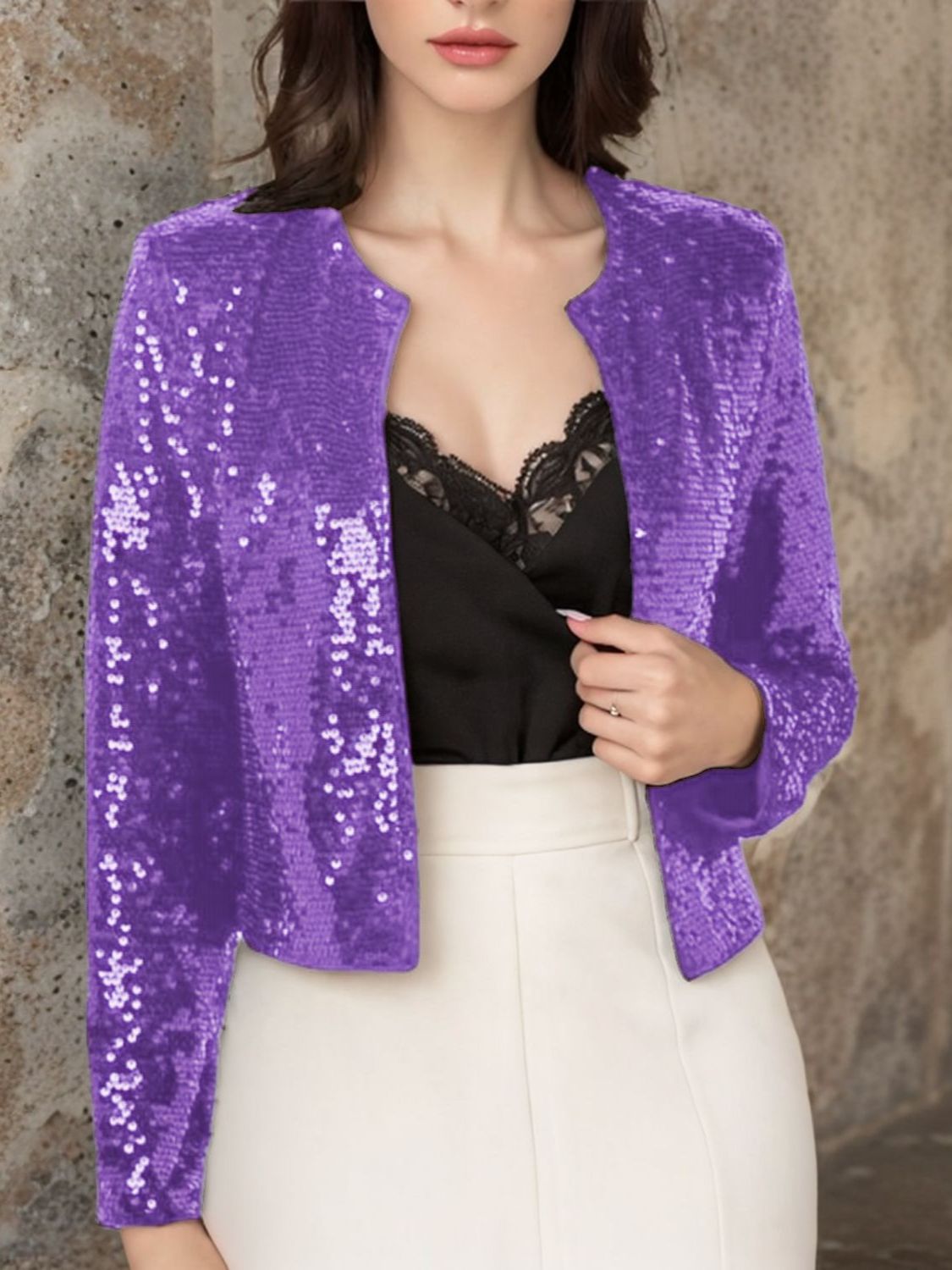 Blue Zone Planet | Full Size Sequin Open Front Cropped Jacket-TOPS / DRESSES-[Adult]-[Female]-Purple-S-2022 Online Blue Zone Planet