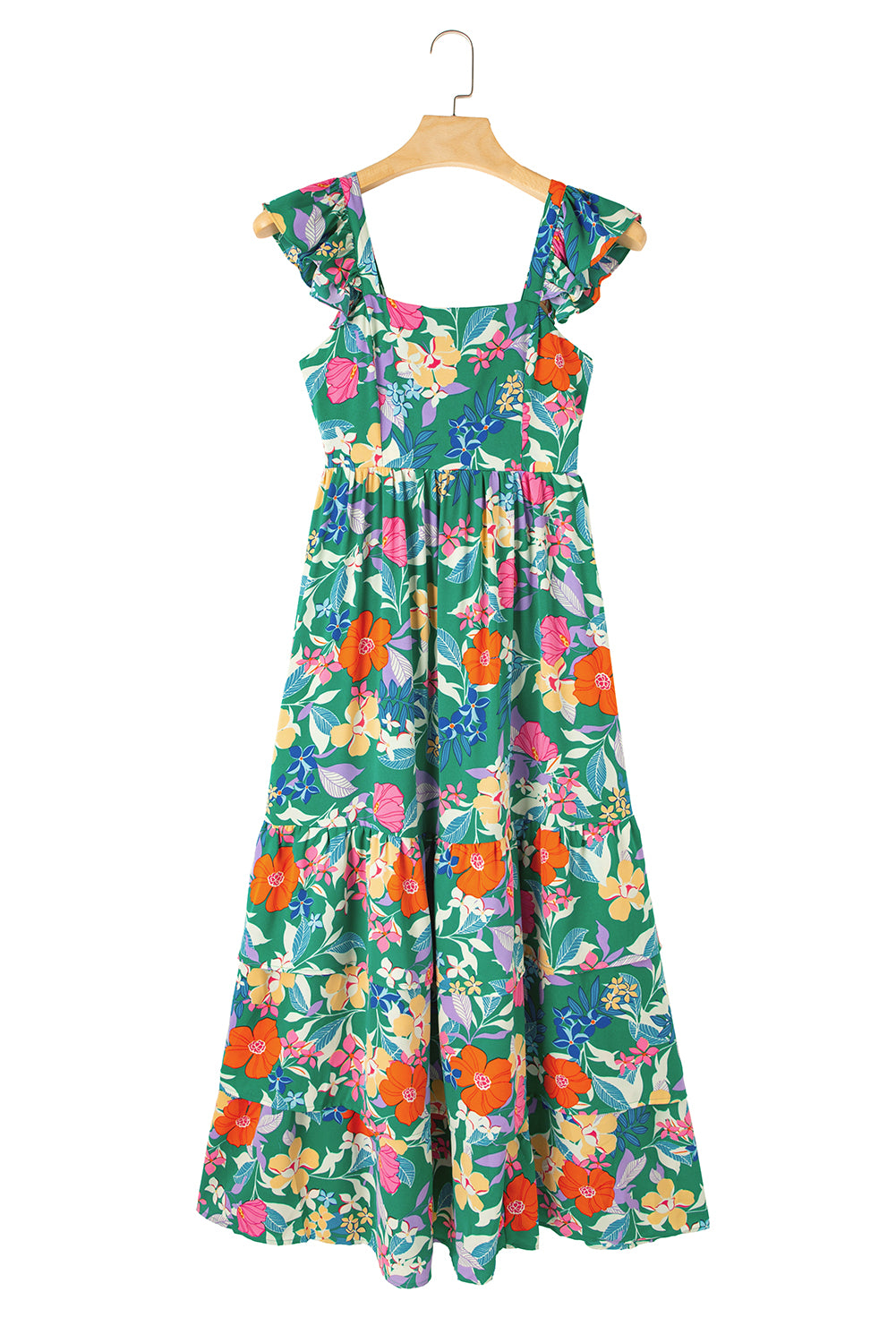 Blue Zone Planet |  Green Floral Print Sleeveless Ruffle Tiered Maxi Dress Blue Zone Planet