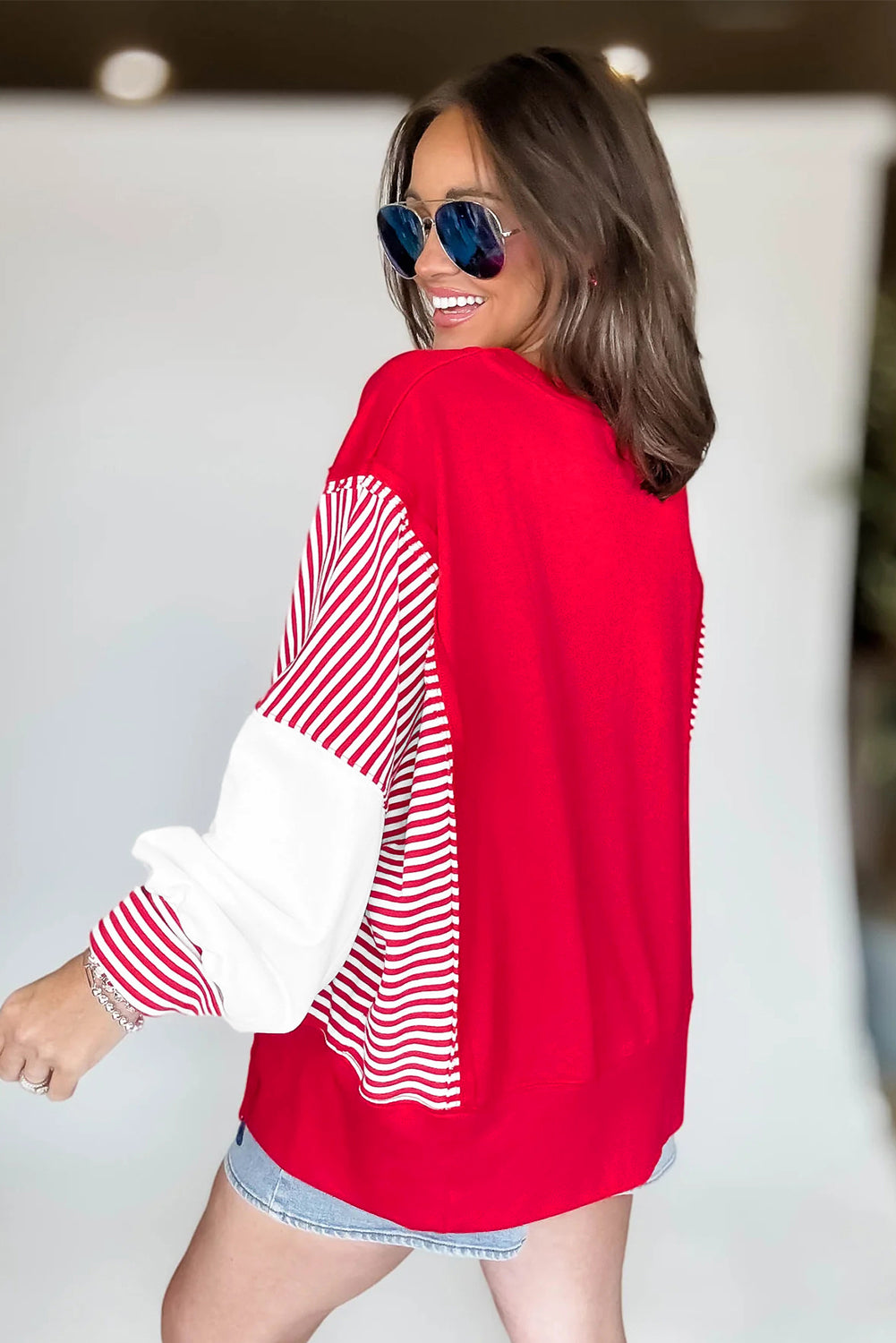 Fiery Red Striped Patchwork Sleeve Colorblock Sweatshirt-Tops/Sweatshirts & Hoodies-[Adult]-[Female]-2022 Online Blue Zone Planet