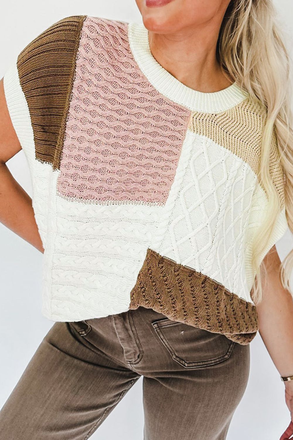 Cable-Knit Color Block Round Neck Sweater Vest-TOPS / DRESSES-[Adult]-[Female]-Dusty Pink-S-2022 Online Blue Zone Planet