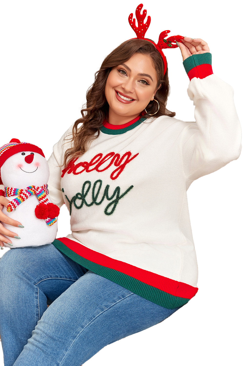 Blue Zone Planet | White Tinsel holly jolly Pattern Colorblock Edge Drop Shoulder Plus Size Sweater-Plus Size/Plus Size Sweaters & Cardigans-[Adult]-[Female]-2022 Online Blue Zone Planet