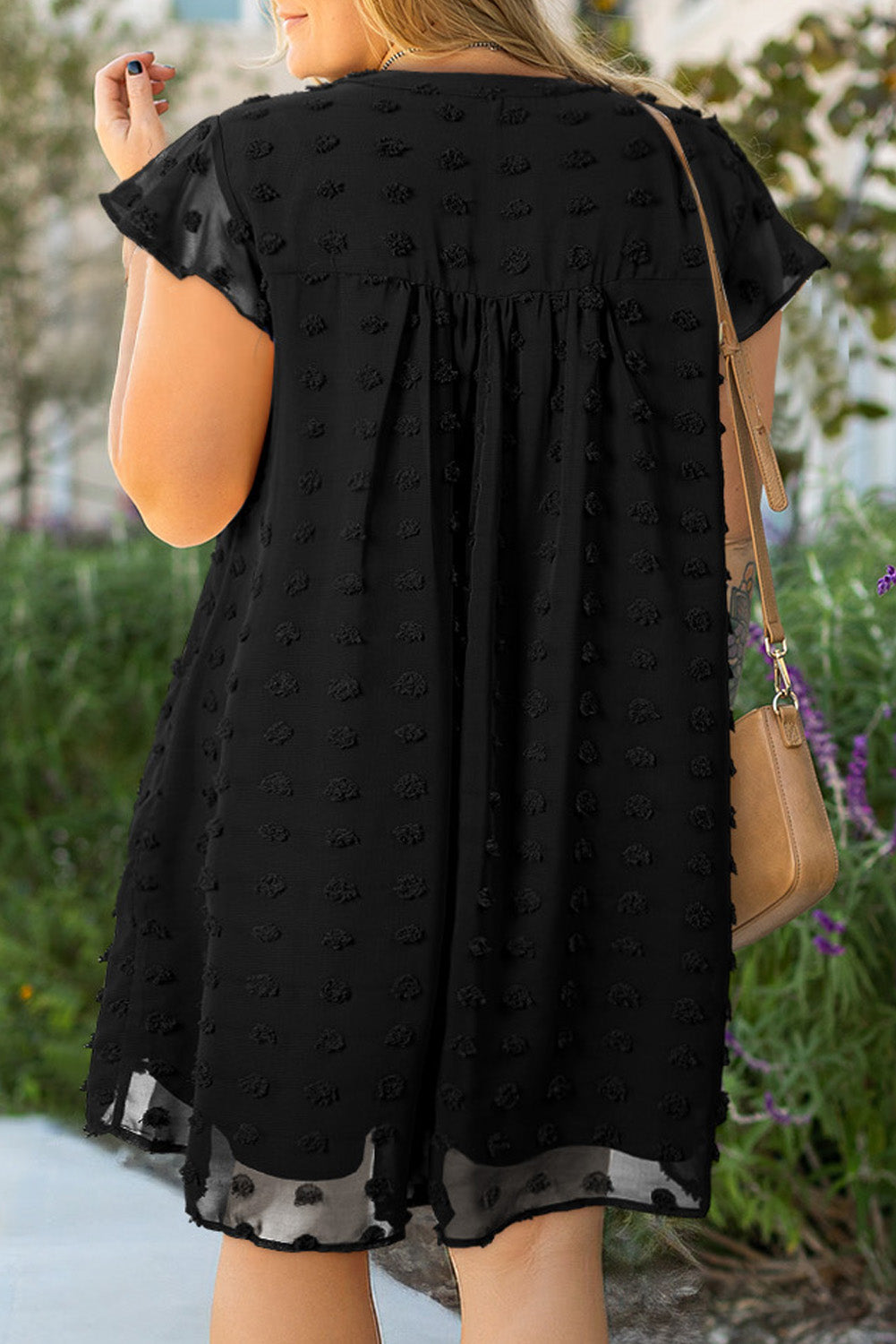Black Dotty Textured Notched Neck Plus Ruffled Dress-TOPS / DRESSES-[Adult]-[Female]-2022 Online Blue Zone Planet