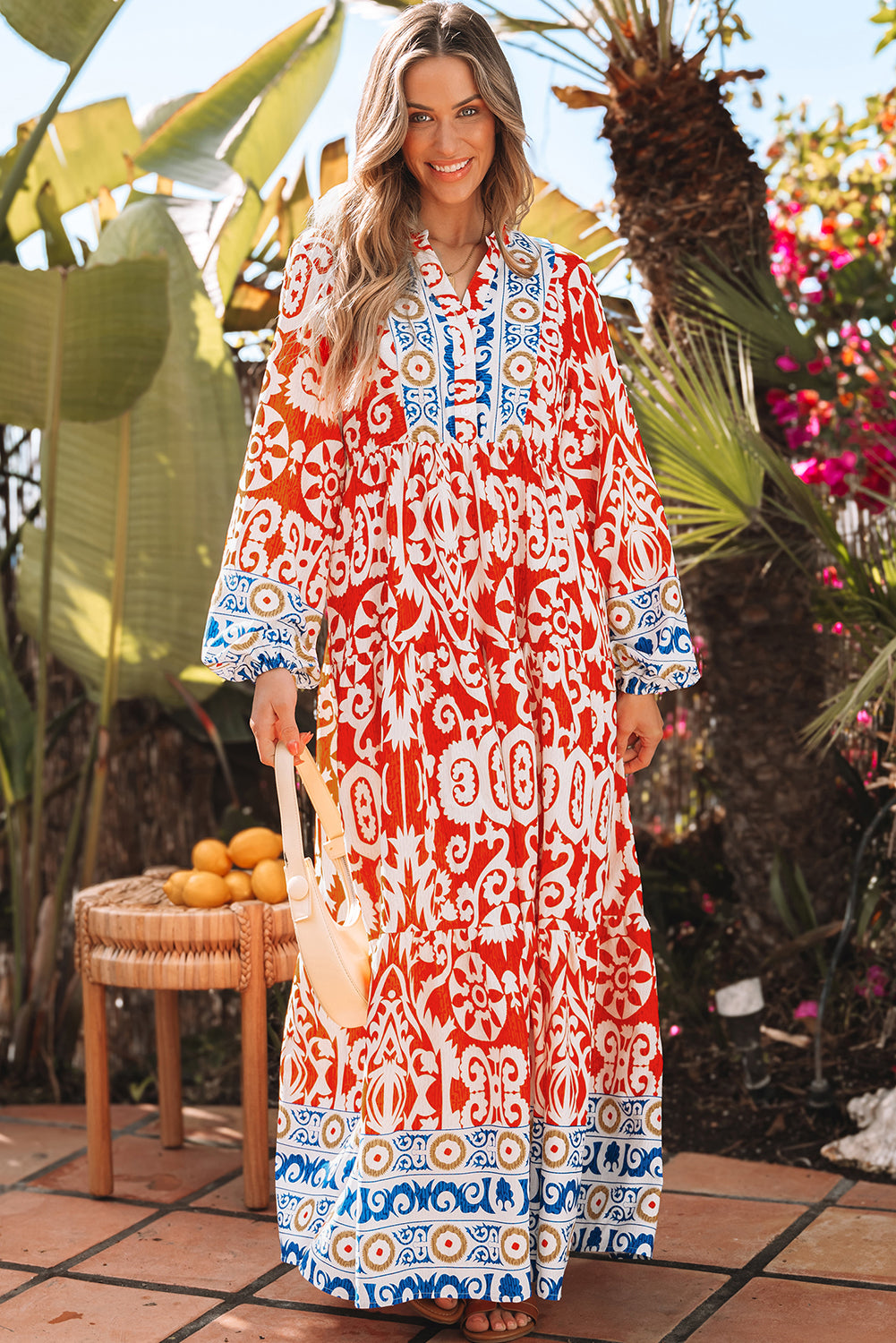 Blue Zone Planet | Orange Boho Geometric Printed Long Sleeve Maxi Dress-TOPS / DRESSES-[Adult]-[Female]-2022 Online Blue Zone Planet