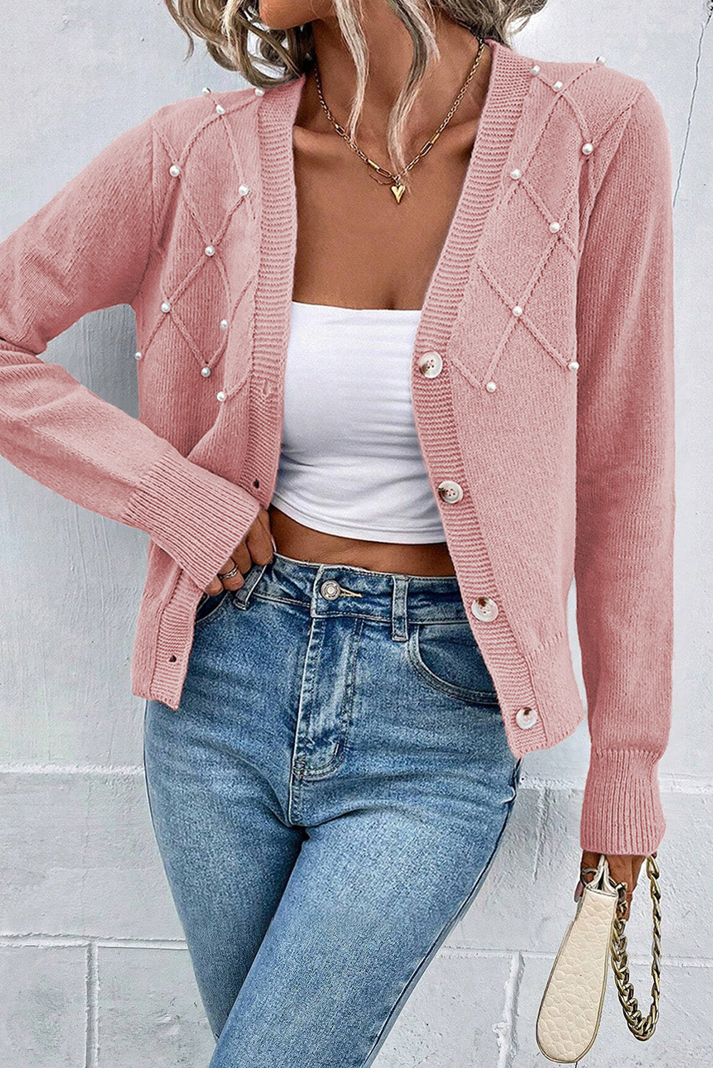 Sepia Rose Textured Knit Pearl Beaded Button Up Cardigan-Sweaters & Cardigans/Cardigans-[Adult]-[Female]-Sepia Rose-S-2022 Online Blue Zone Planet