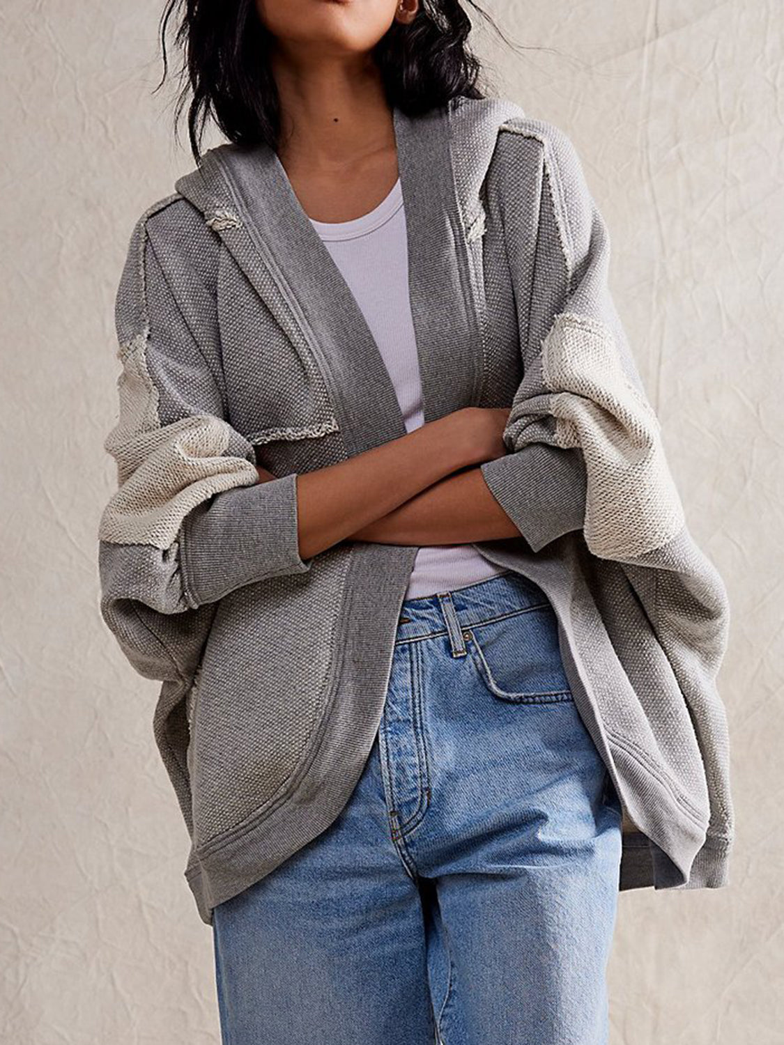 Exposed Seam Open Front Batwing Sleeve Hooded Cardigan-TOPS / DRESSES-[Adult]-[Female]-Gray-S-2022 Online Blue Zone Planet